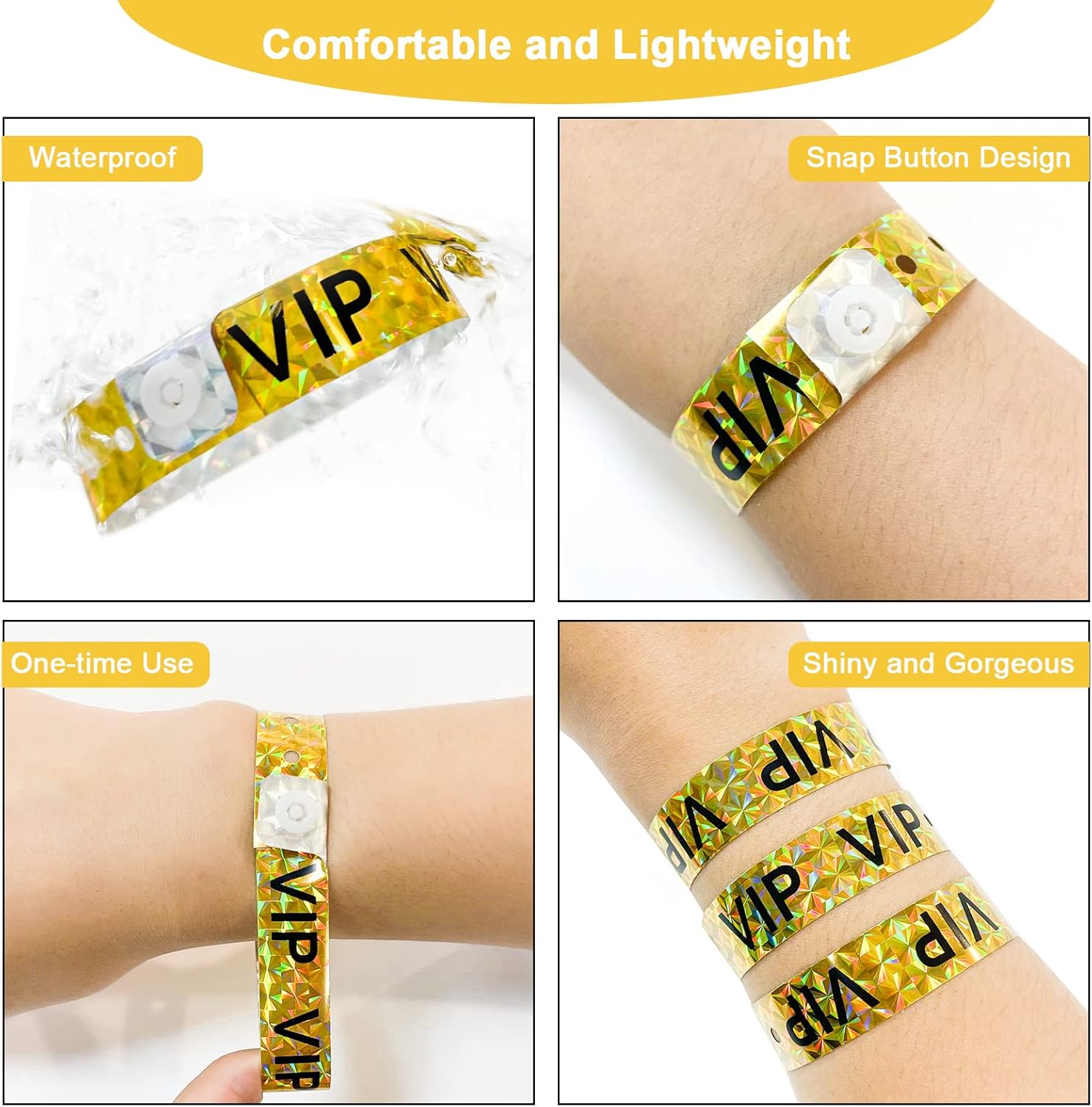 Ouchan Holographic VIP Plastic Wristbands Gold - 100 Pack Vinyl Wristbands for Events Parties - Image 2