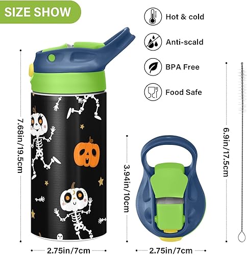 Miniatura 3 de Botella de agua de Halloween con diseño de esqueleto para niños, botellas de agua aisladas de acero inoxidable con tapa con pajilla, 12 onzas, sin