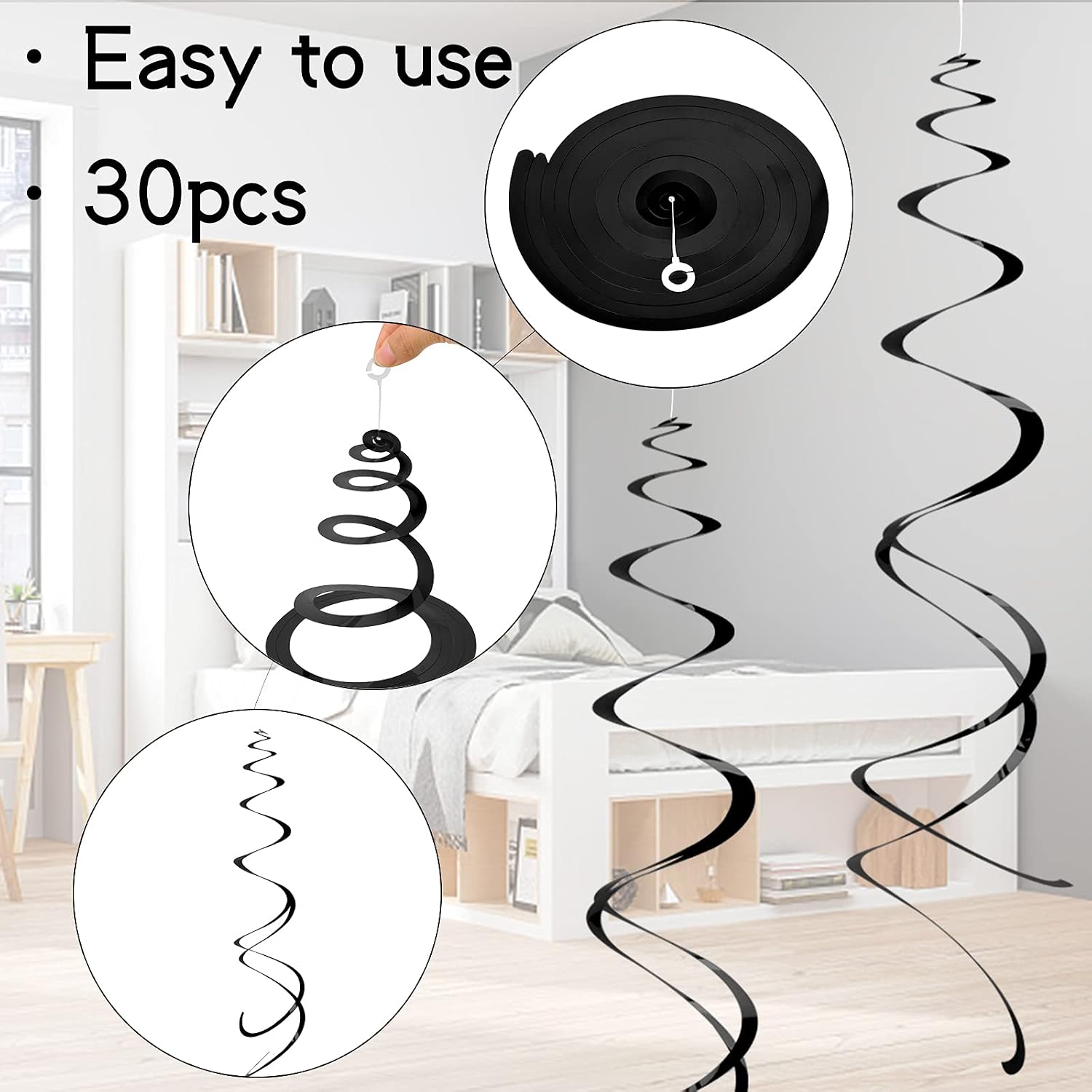 NATUCE 30 Pcs Hanging Swirls Decoration Ceiling Swirl Garland Spiral Hanging Streamers for Birthday Wedding, Party Decorations (Black) - Image 5