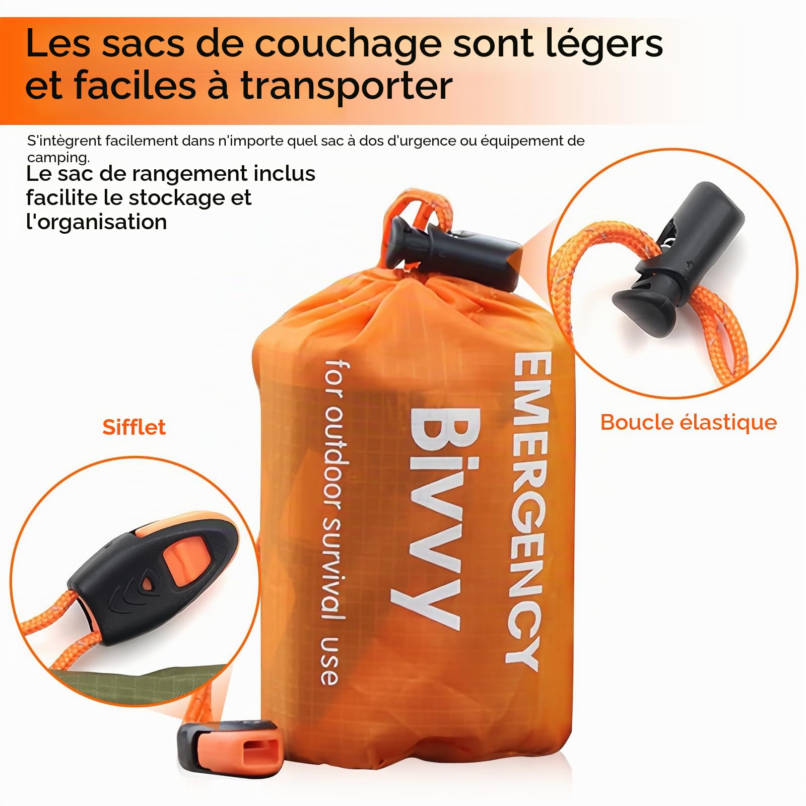 Sac de couchage d'urgence 3 pièces : sac de couchage de survie d'urgence avec sifflet, couverture d'urgence imperméable, tente de sauvetage pour l'extérieur, imperméable,
