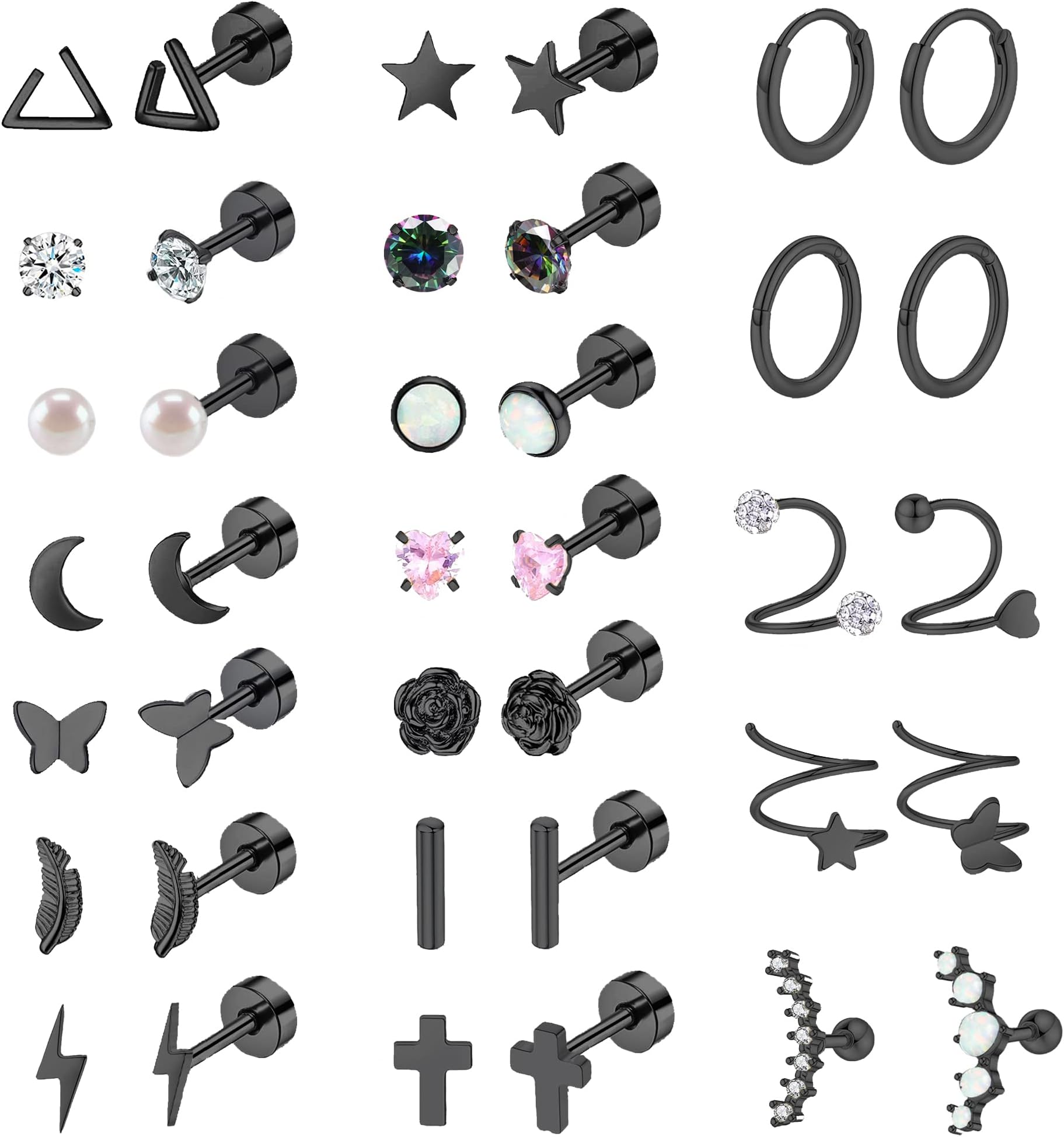 Staligue 21 Pairs Surgical Steel Flat Back Earrings Set for Women Men Hypoallergenic 20G Stainless Steel Stud and Hoops Earrings for Sensitive Ears Small Cz Heart Star Moon Opal Cartilage Earrings