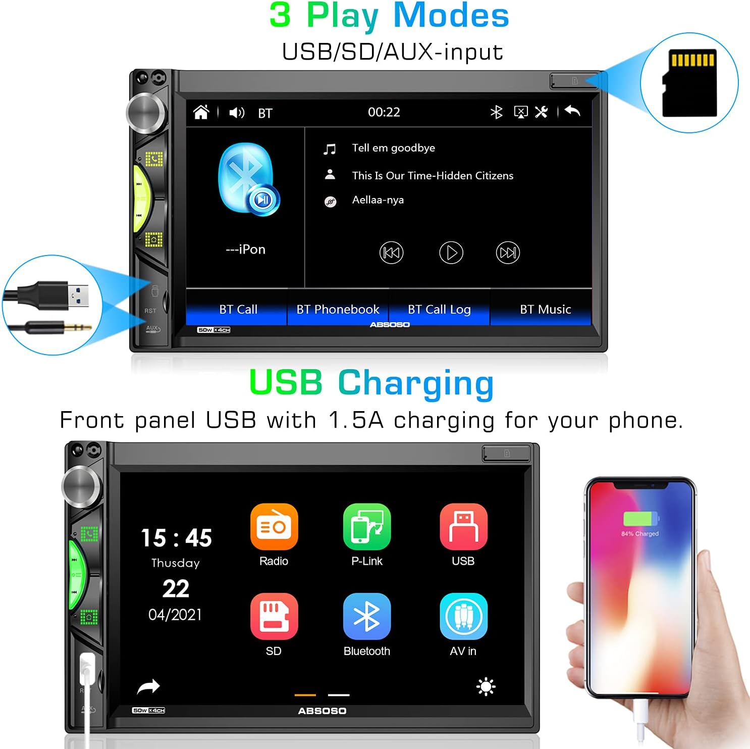 Blасk Frіdау - 40% оƒƒ 7 Inch Touchscreen Car Stereo - ABSOSO Double Din Car Audio Receiver with Apple CarPlay Bluetooth Mirror Link HD Backup Camera 16-Band EQ AM/FM Radio USB/SD/AUX Video Output SWC Wireless Remote
