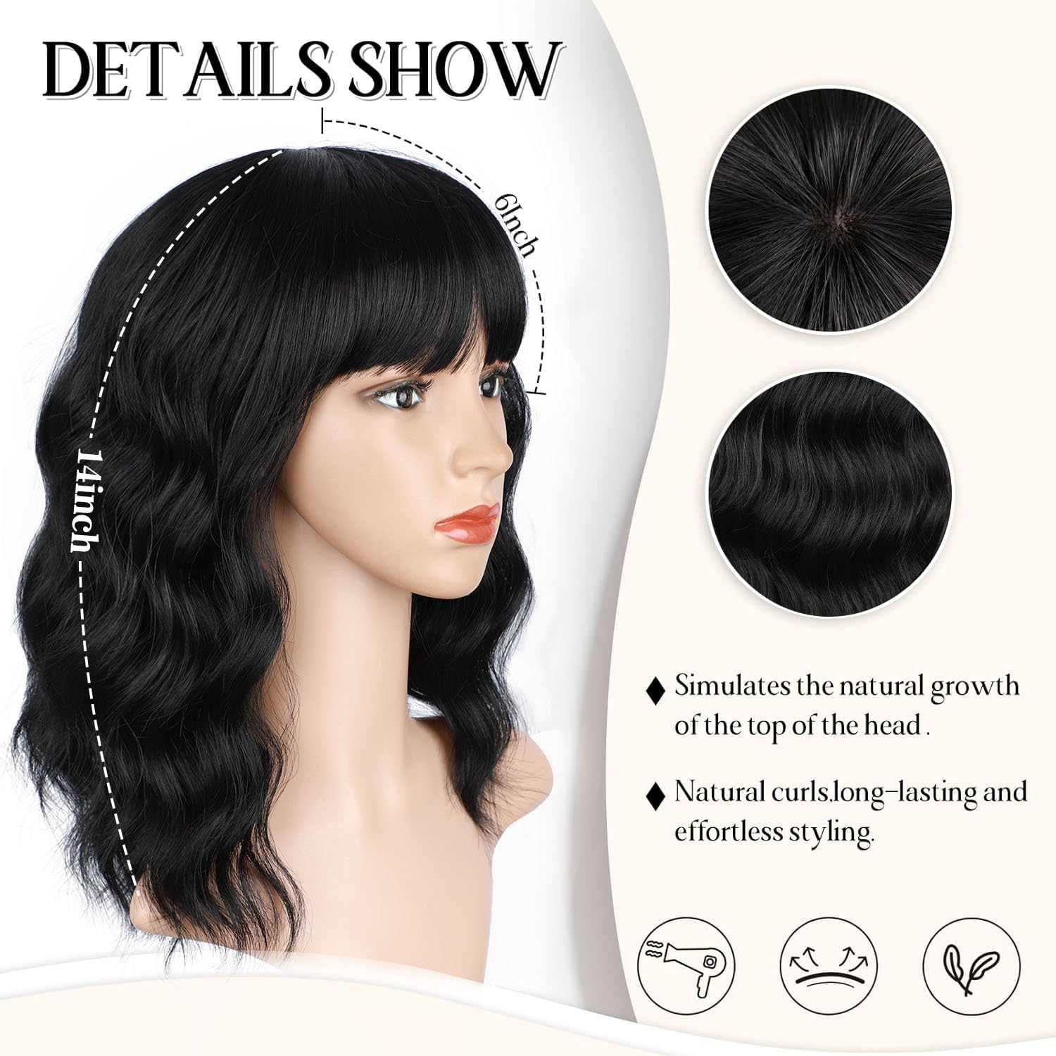 Black Wig for Women Short Wavy Curly Bob Wigs with Bangs 14inch Medium Length Synthetic Chic Hair for Daily Party Wear
