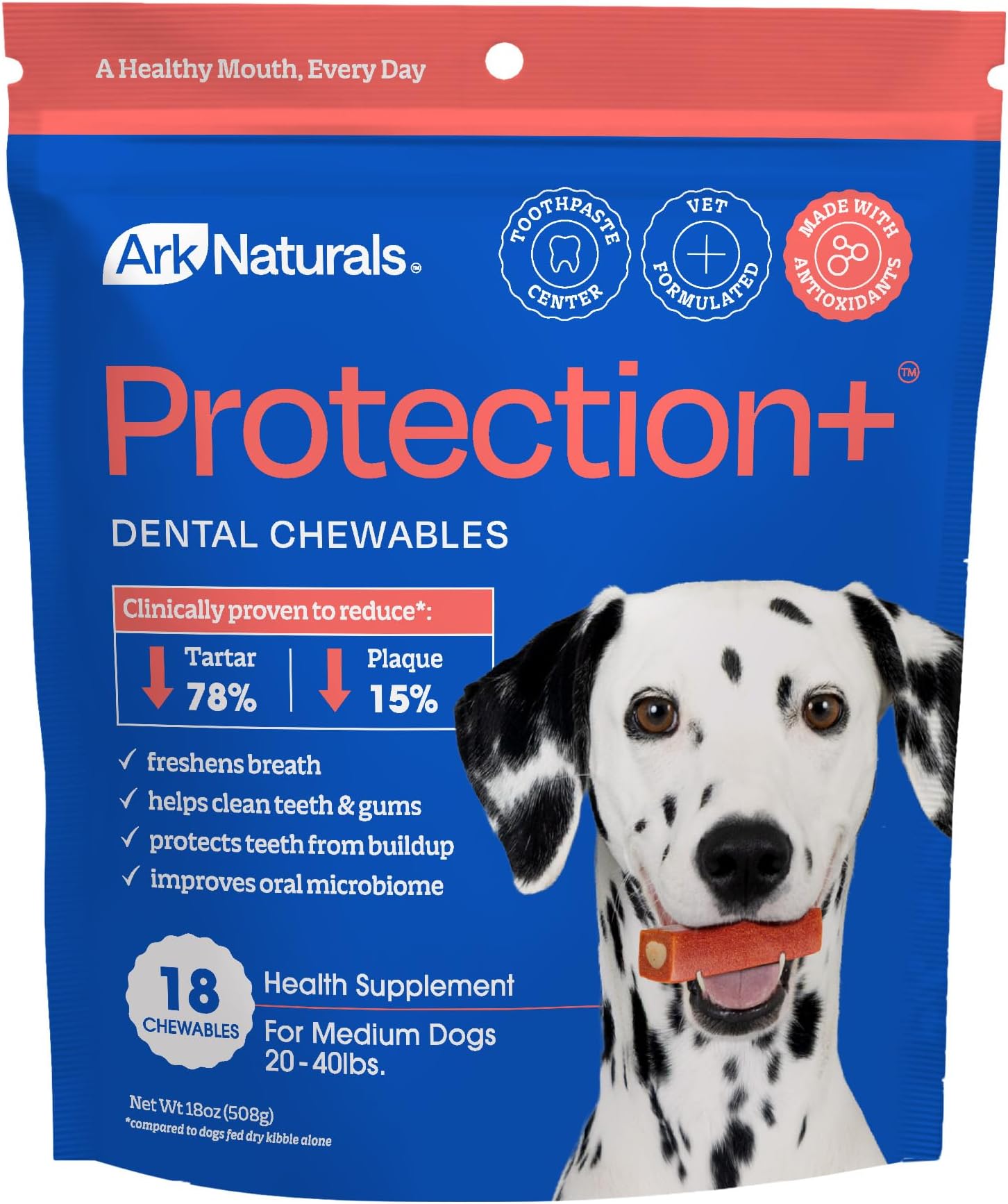 Protection Plus Brushless Toothpaste for Medium Breeds, 18 oz Bag, Dog Dental Chew with Toothpaste Center, Prevent Plaque & Tartar, Freshen Breath
