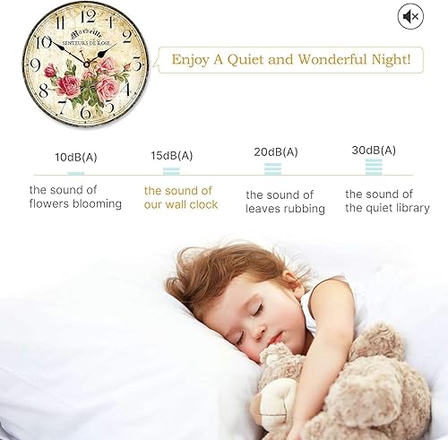 Miniatura 3 de Reloj de pared floral francés vintage con patrón de rosa rosa, pequeño, redondo, silencioso, sin tictac, movimiento de cuarzo de 8 pulgadas,