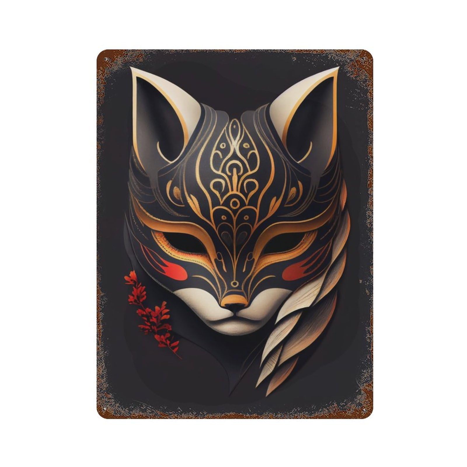 Lucky Kitsune Mask Rustic Tin Plaque 15.7"x11.8", Farmhouse Wall Decor for Shed, Workshop And Garage Wall Decor