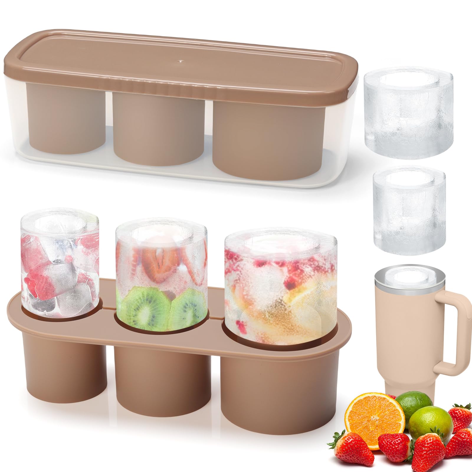 HAILI XMGQIce Cube Tray for Stanley Cup, Silicone Ice Cube Maker With Lid for 20-40oz Tumbler, for Chilling Whiskey, Cocktails, Drinks, Coffee, Easy Fill and Release Ice Maker, BPA Free (Brow)