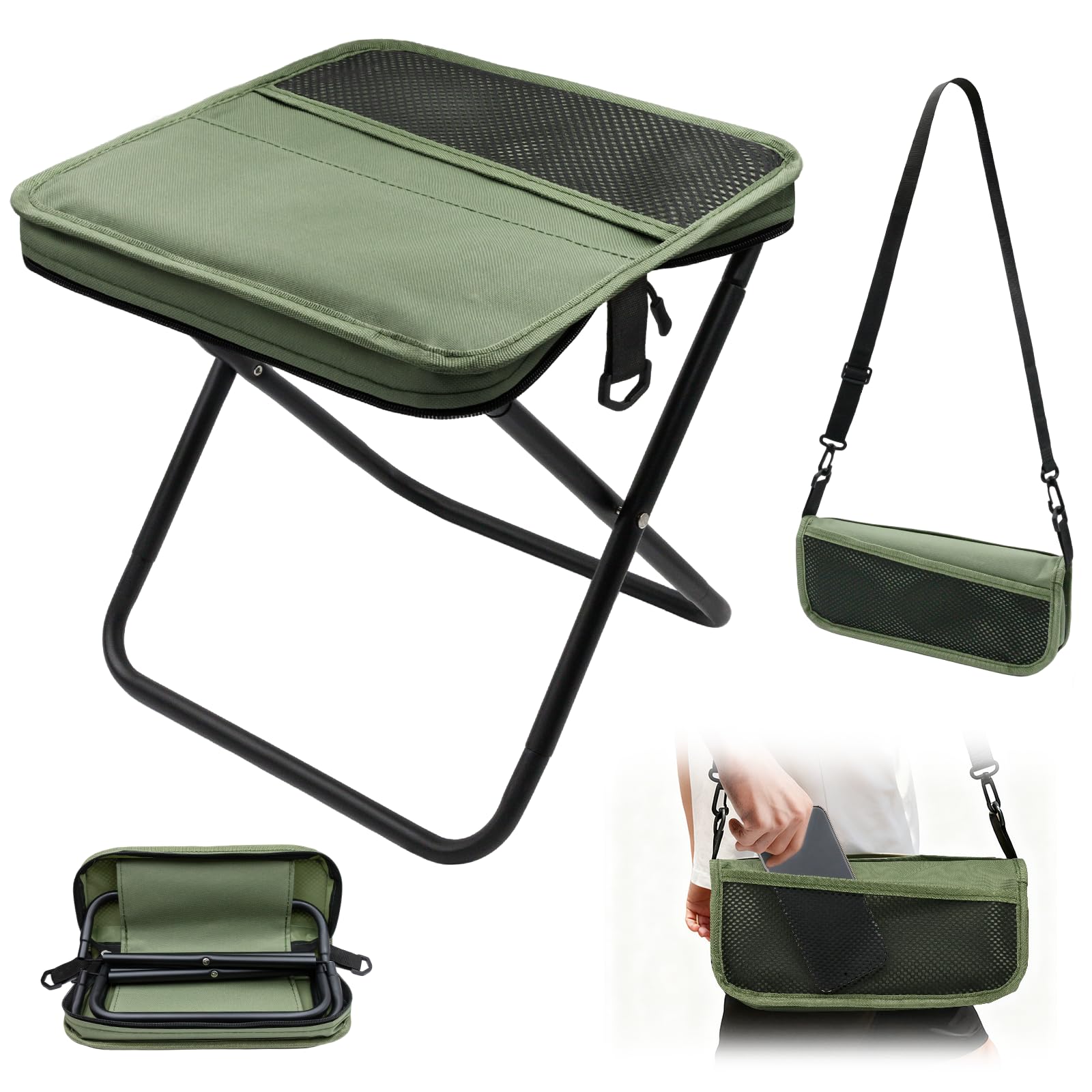 Sgabello zaino pieghevole portatile, sgabello da campeggio leggero con tracolla, sgabello pieghevole con borsa da trasporto con cerniera per pesca, viaggi, escursionismo, picnic(verde, grande)