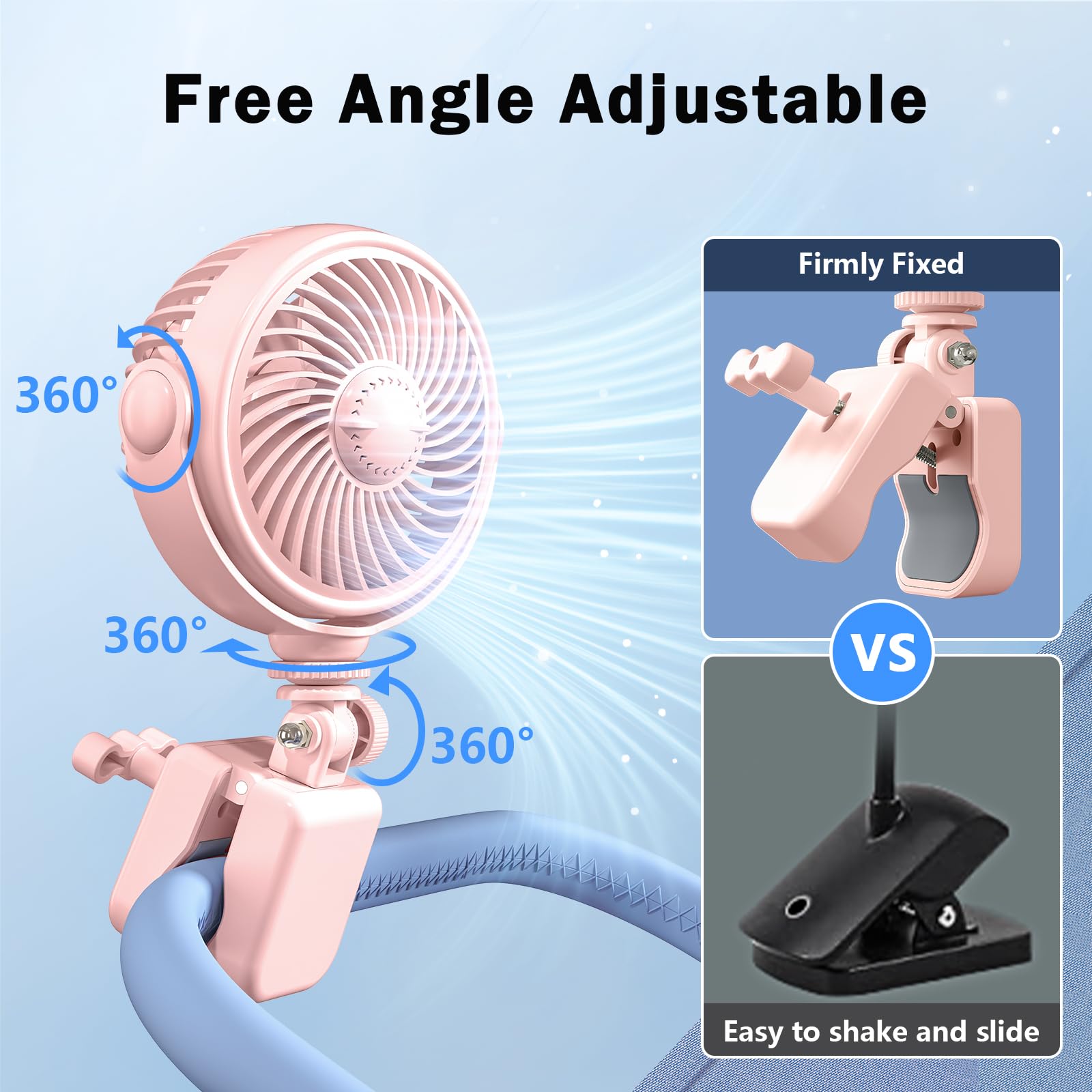 Ventilateur de poussette à clipser pour bébé rechargeable – Ventilateur portable à piles USB pour poussette, berceau, vélo, plage, voyage, camping, rotation à 360°, 4 vitesses du vent, rose
