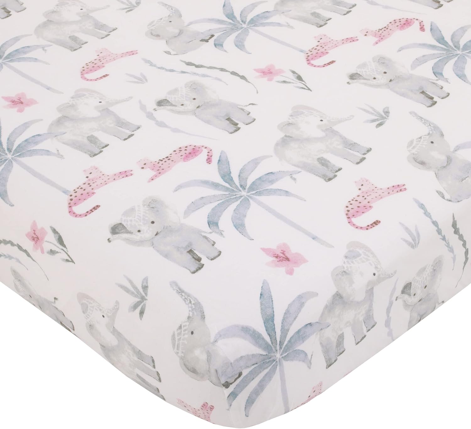 NoJo Tropical Princess Elephant/Jungle Pink and Green 100% Cotton Fitted Crib Sheet