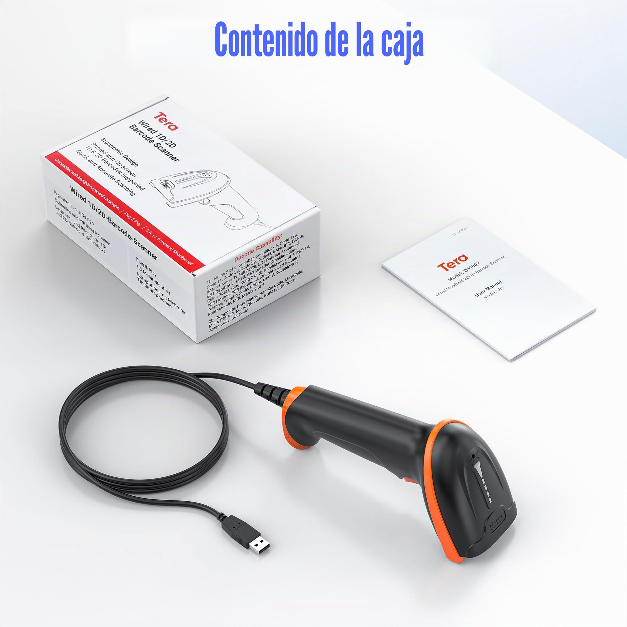 Tera Barcode Scanner 2D USB con Cable: Mango Ergonómico Plug&Play D5100Y | Protección IP54, CMOS rolling 640*480, lector 1D 2D QR, prefijo/sufijo, caja almacén escuela, PC móvil