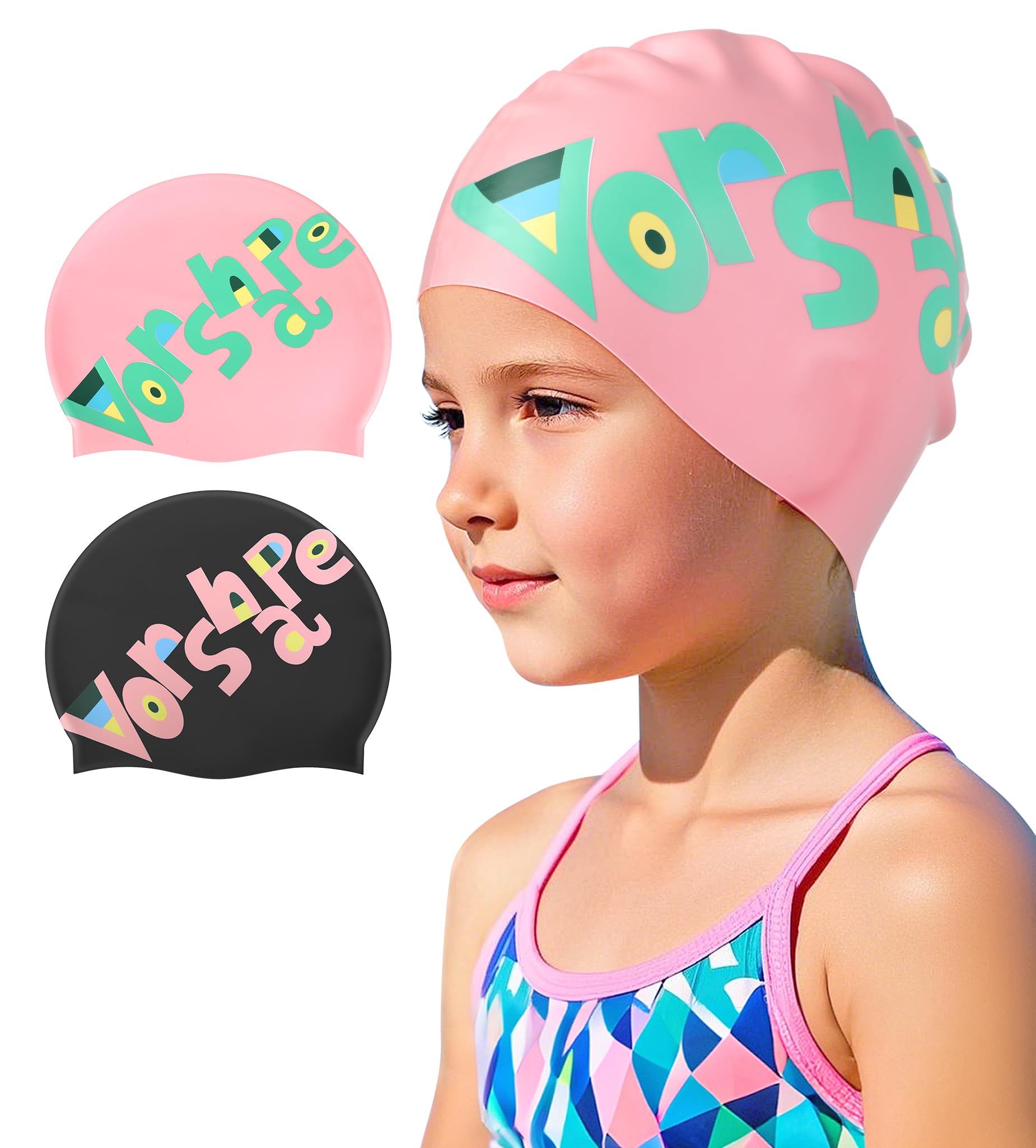 Kids Swim Cap 2 Pack,Silicone Swim Cap for Kids Ages 3-15