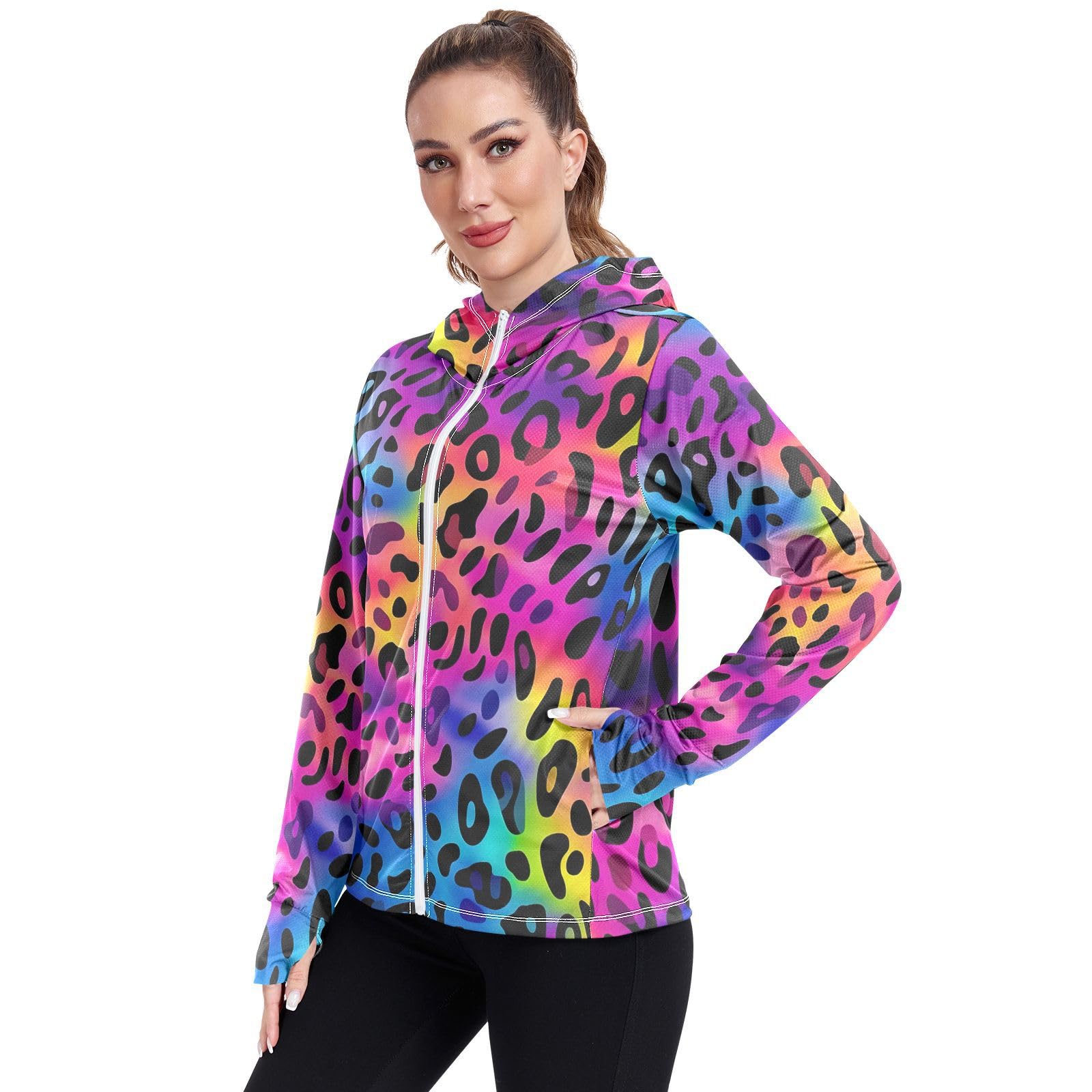 UMIRIKO Colorful Leopard Print Pattern Women's UPF 50+ Sun Protection Jacket Hoodie Rash Guard Shirt with Pockets M 202a3496