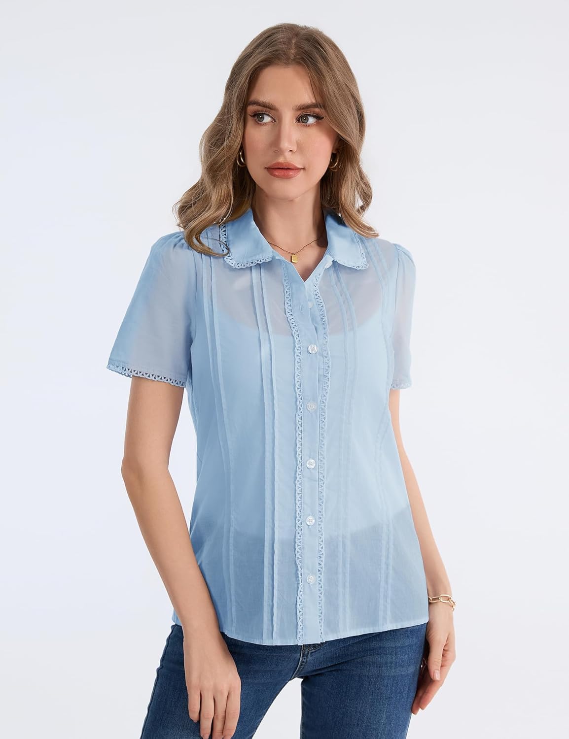 IECCP Button Down Shirts for Women Short Sleeve Lace Trim Sheer Cotton Blouses Spring Summer Tops Casual Clothing 2026 - Image 6