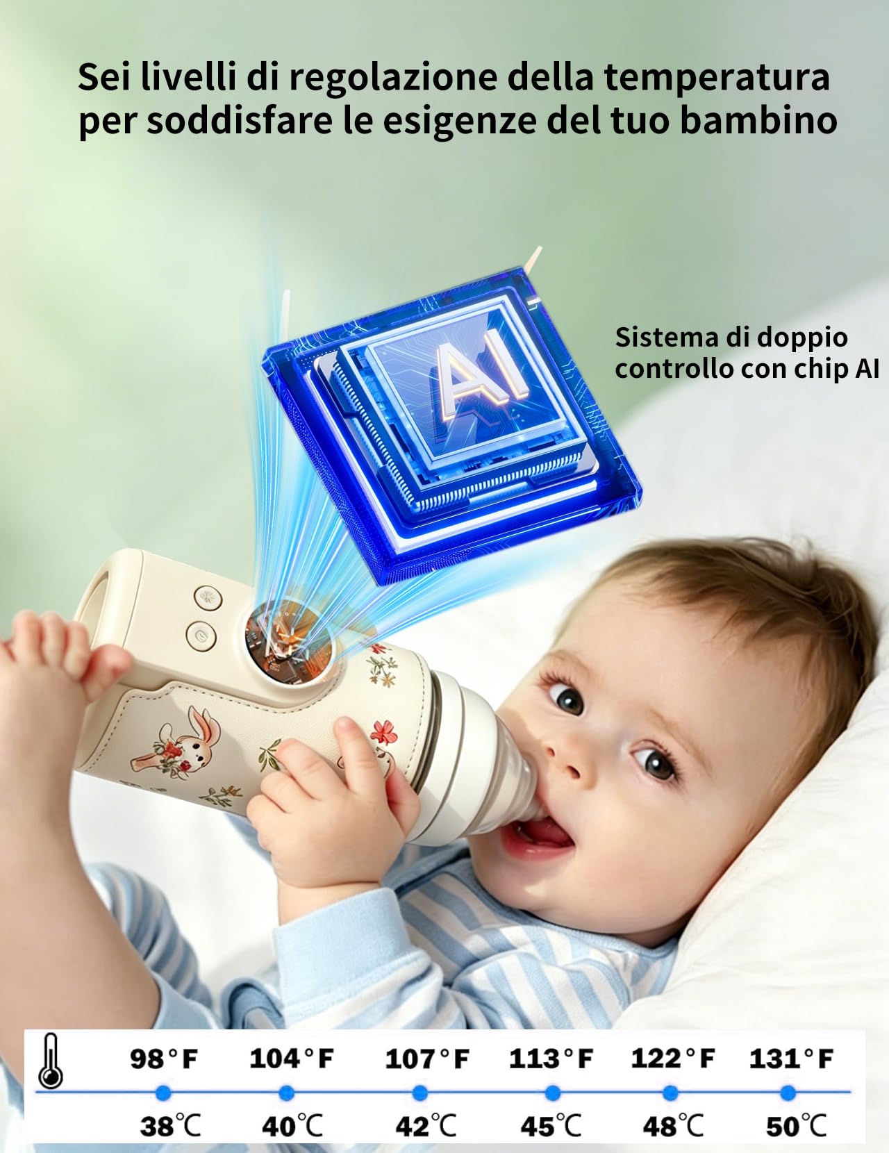 Scaldabiberon per bambini, con batteria da 8000 mAh, 6 livelli di temperatura da 38 a 50 °C, indicatore LED e luce notturna, portatile, funzione di ricarica USB, per viaggi e casa (beige)