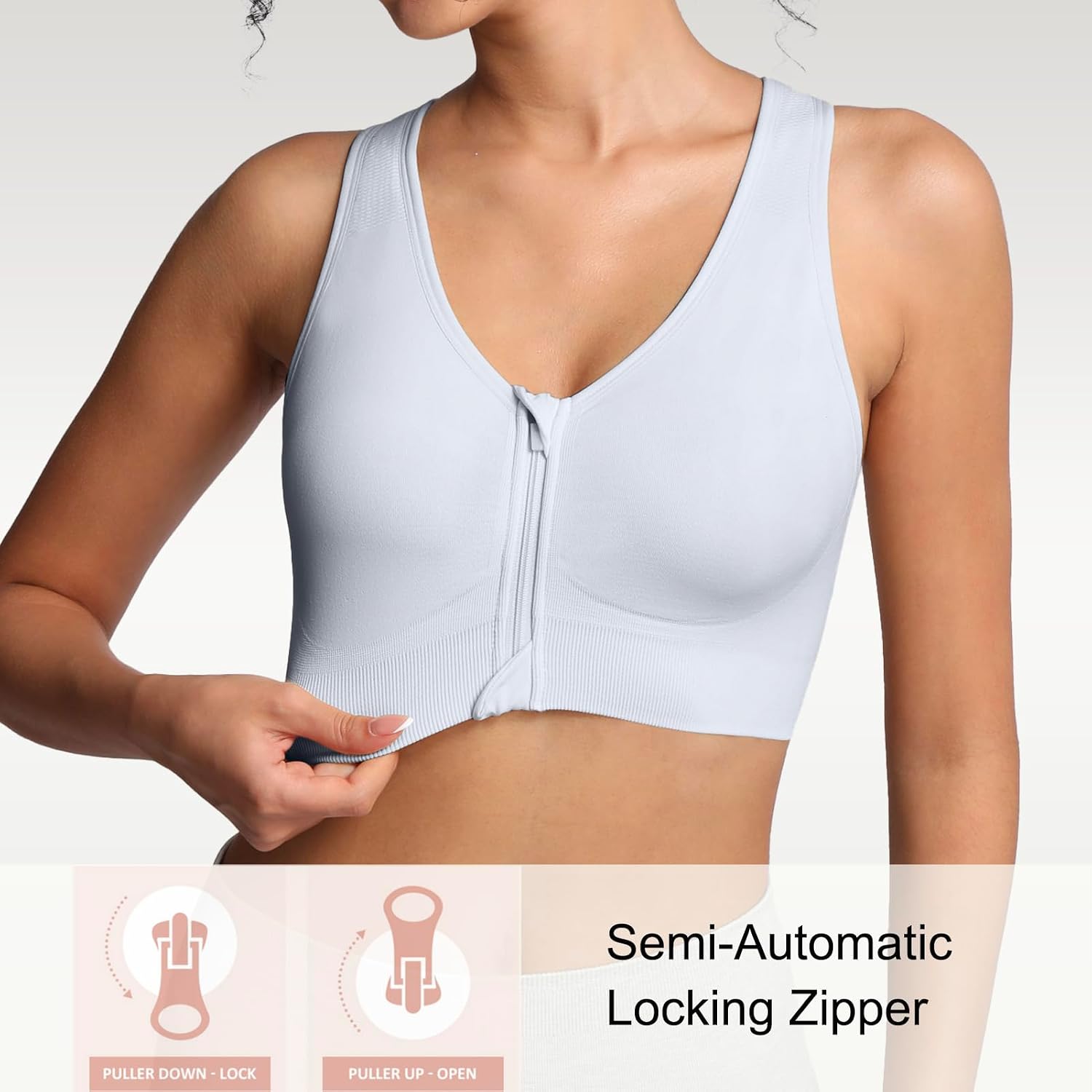 Lemef Front Zipper Sports Bras for Women Wirefree Post Surgery Bra Front Closure Racerback Compression Mastectomy Bras image 3