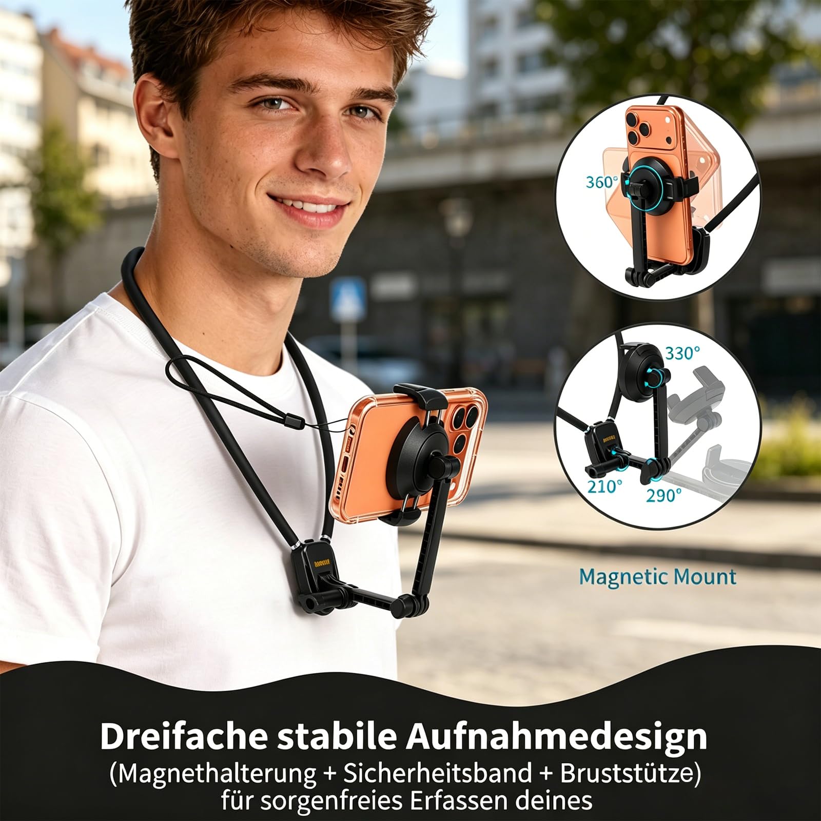 Nackenhalterung Handy Brusthalterung mit 1,5m Brustgurt, POV Vlog Handyhalterung Hals mit Magnethalterung, 360° Drehbar Freihändig Handyhalter, Kompatibel mit iPhone 16/15/14, 4.7-7 Zoll Smartphones