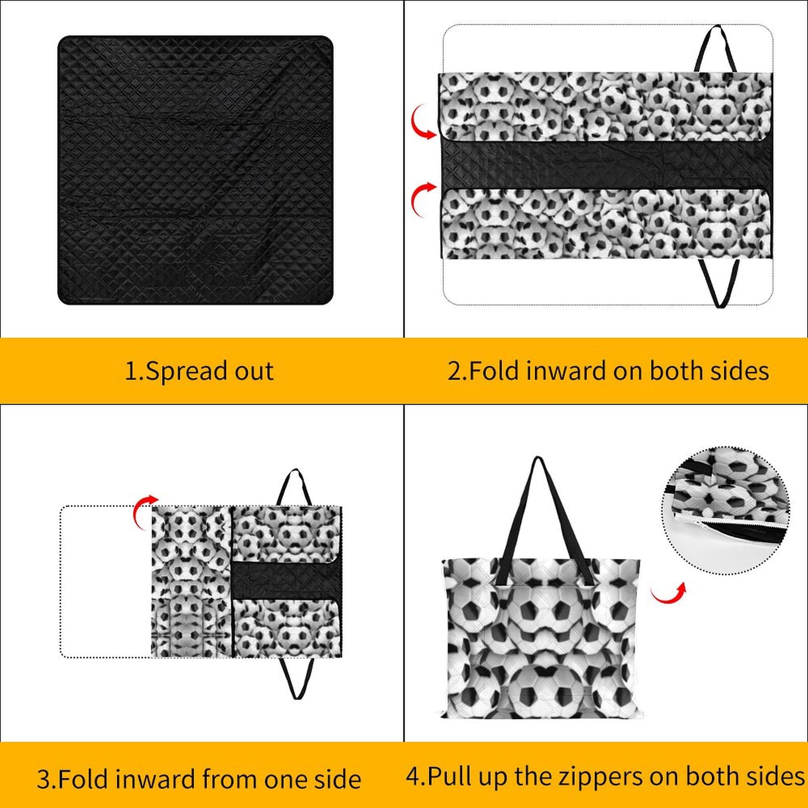 Tappetino da picnic con cerniera, coperta da picnic con pallone da calcio, tappeti da esterno, 150 cm x 150 cm