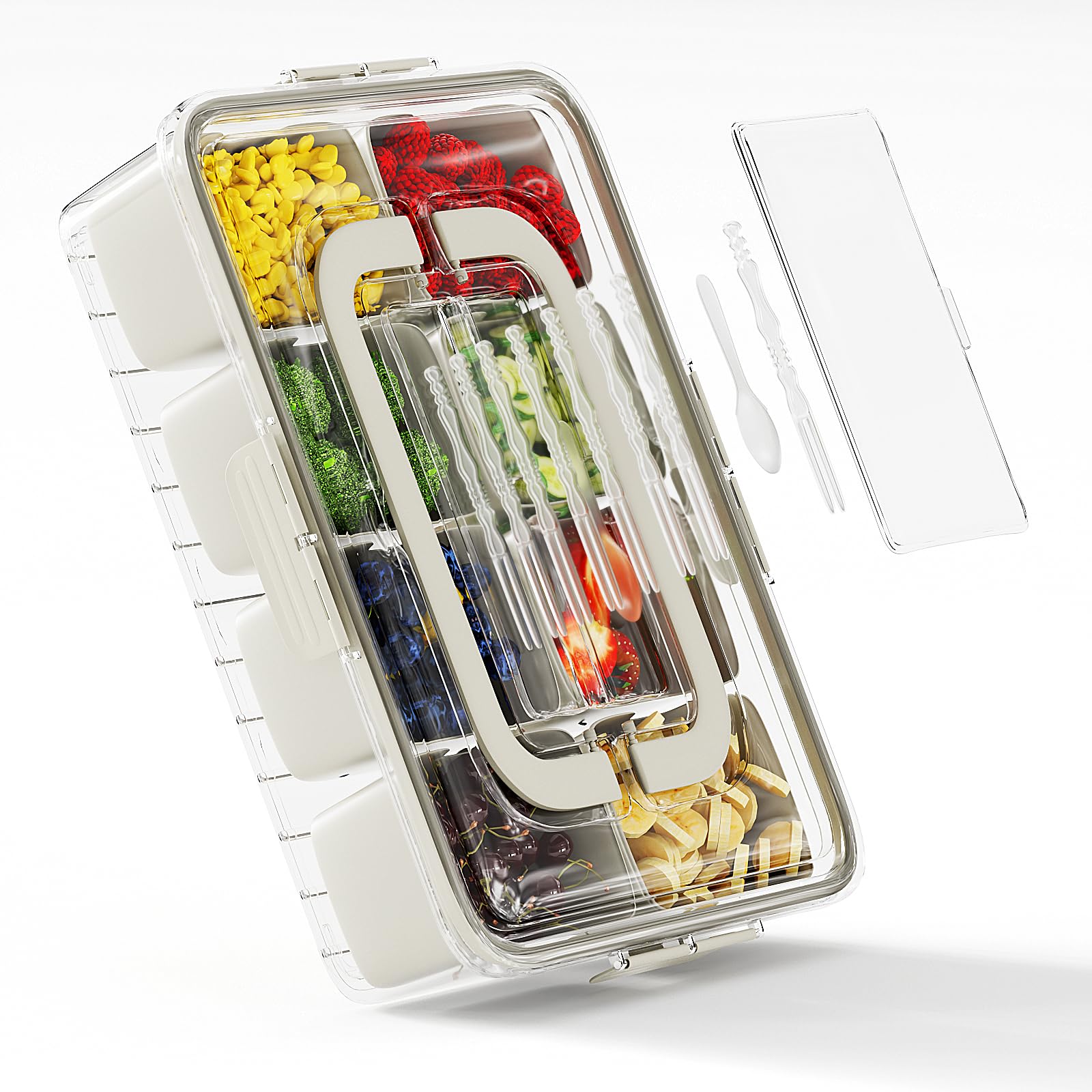 Dimber Snackle Box Container, Divided Serving Tray with Lid and Handle, Adding Cutlery Organizer, 8 Fruit Forks, 2 Spoons, Snackle Box for Sports Events, Candy, Fruits, Snacks,Salad Bar(1-Pack)