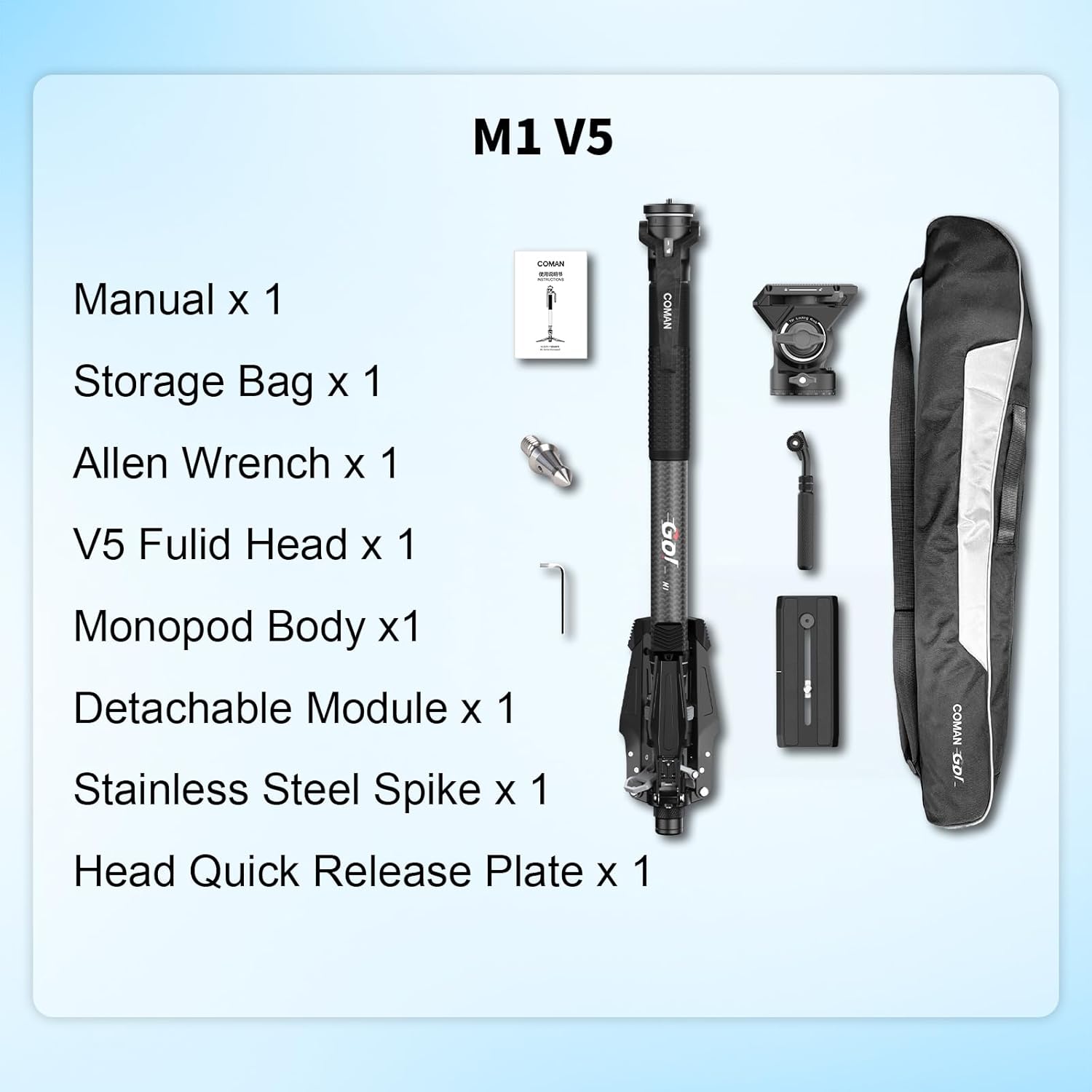 COMAN M1V5 Camera Monopod, One-Click Lifting Monopod with Feet, 67'' Lightweight monopod with V5 Fluid Head Quick Release Plate for Camera, DSLR, Camcorder (M1V5)