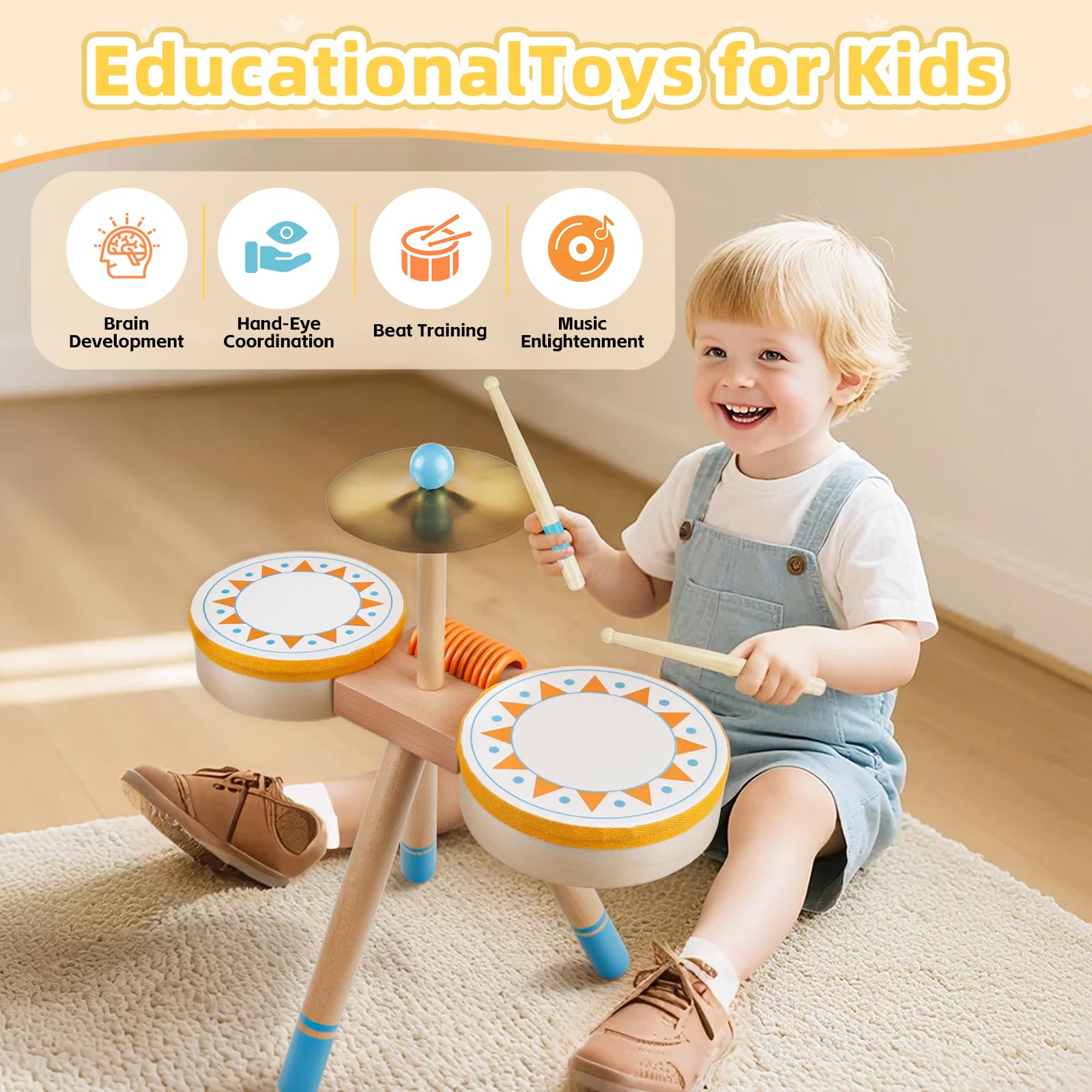 Tambor Montessori para Bebés de 1+ Año | Set de Tambores Educativo de Madera para Niños Pequeños 1-3 Años | Instrumentos Musicales para Bebés, el Regalo Cumpleaños/Navidad para Niños y Niñas