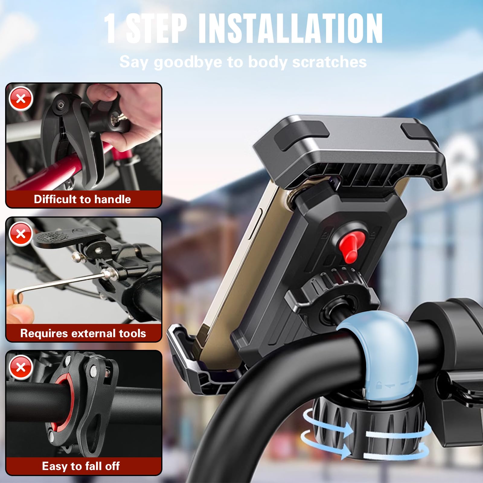 Soporte Móvil Bicicleta, Soporte Movil Moto con Protección de Silicona, 360° Rotación, Universal Soporte Manillar,Soporte Móvil Bicicleta Compatible con iPhone, Samsung 4,7-7" Smartphone — view 3