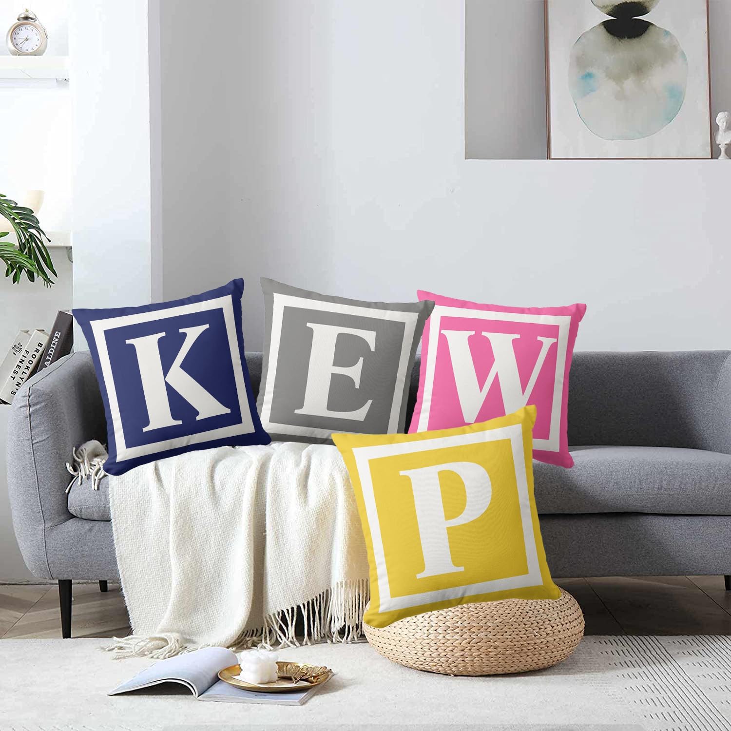 Modern Pink White Throw Pillow Cases Monogram Initial 20" x 20" Square Decorative Pillow Covers for Farmhouse Home Decor