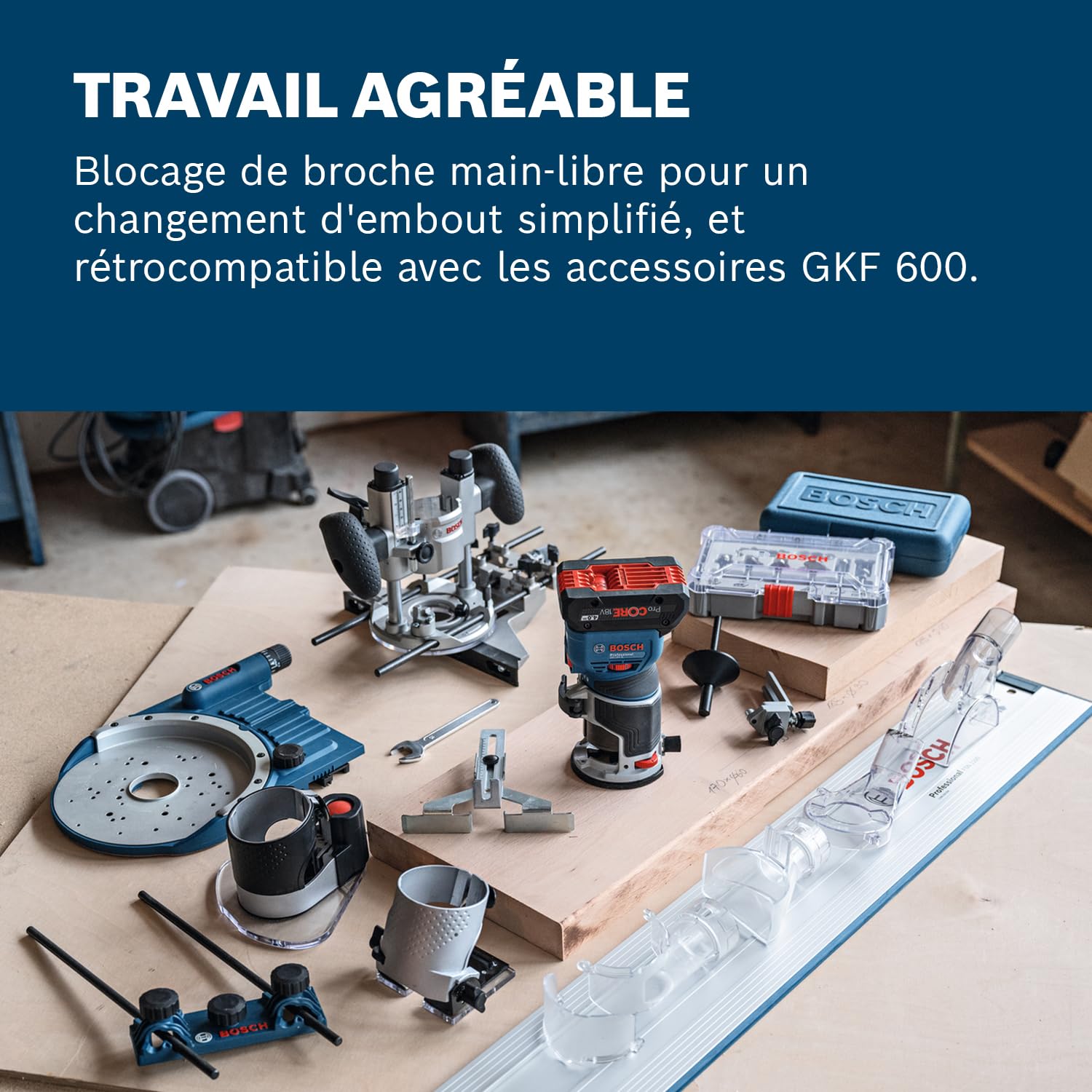 Bosch Professional 18V System Défonceuse portative GKF 18V-8 (butée longitudinale, 2x adaptateurs d’aspiration pour surfaçage, écran de protection, pince 8 mm, clé, sans batterie/chargeur)