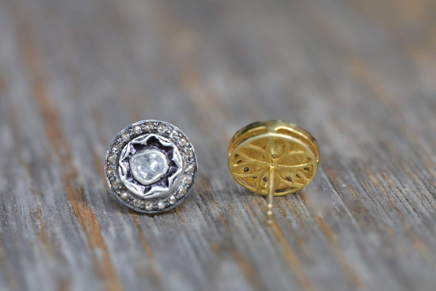 Genuine Diamond Round Stud Earring- Sterling Silver- Rose Cut Polki Diamond-13mm Statement Women's Jewelry Gift Idea - Image 3