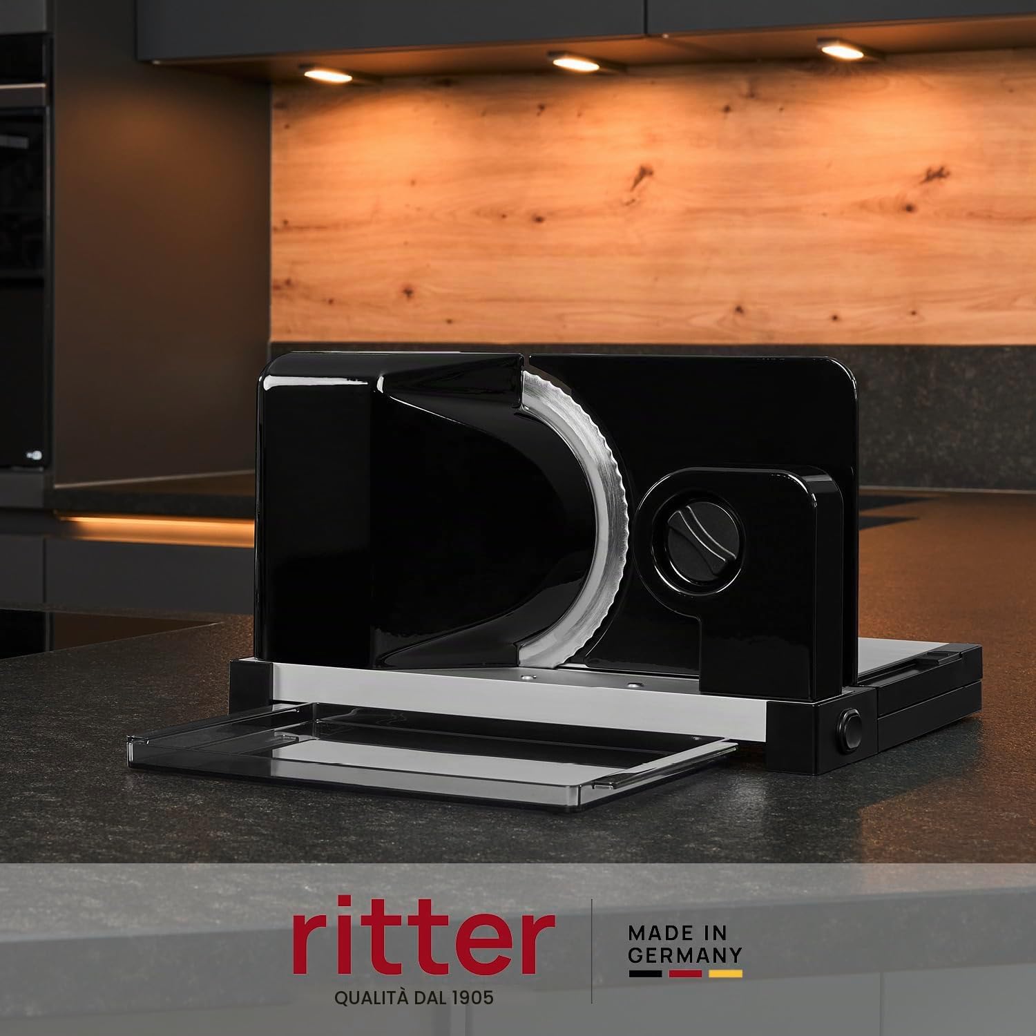 ritter icaro 5 Affettatrice elettrica pieghevole per tutti gli usi e affettapane in metallo con motore ECO, Made in Germany, nero