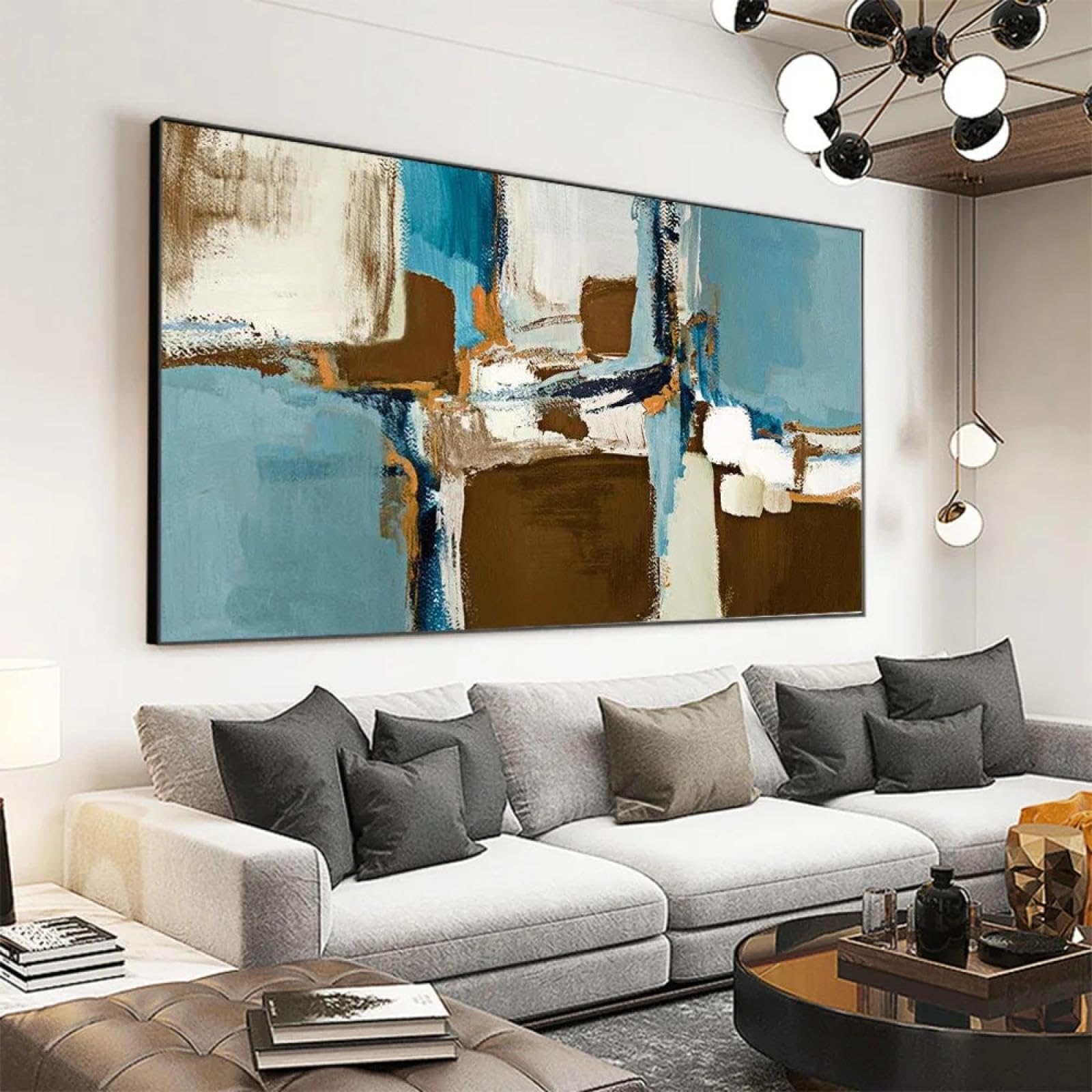 Impressions d'art mural de salon : tableau bleu abstrait texturé 70x125cm avec cadre chic - 8