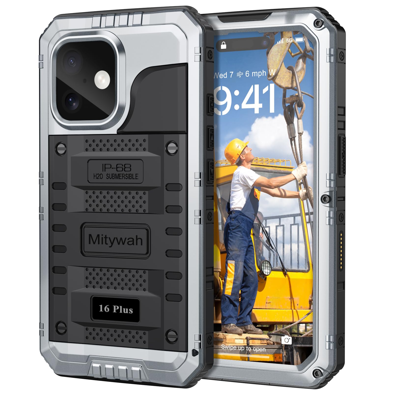 Mitywah Waterproof Case for iPhone 16 Plus, Shockproof Heavy Duty Case with Built-in Screen Protector, Underwater Full Body Protective Metal Case 6.7