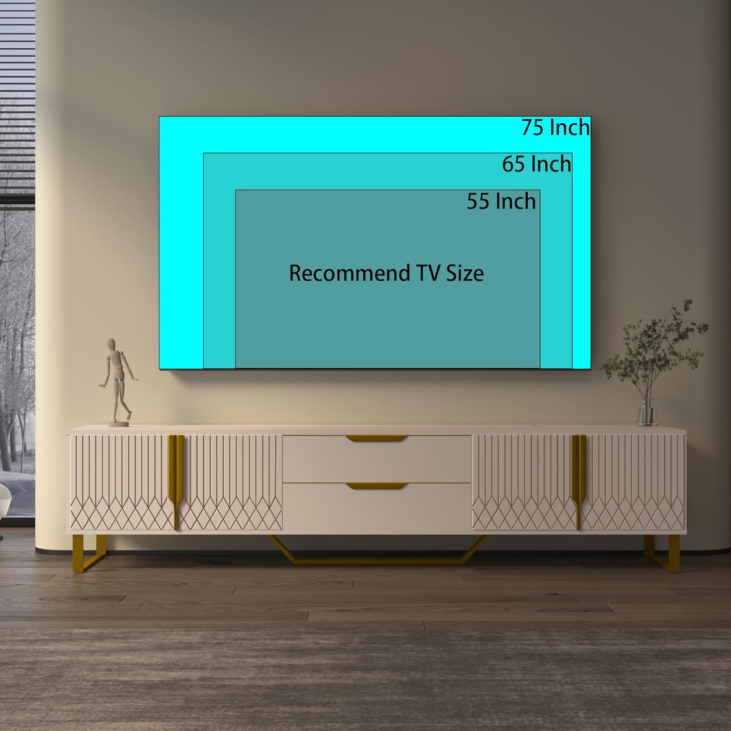 Luxury TV Stand for 55 65 75 Inch TV, Carving Design Entertainment Center for 50 60 70 Inch TV, Metal Legs TV Console TV Table Equipped with Two Drawers and Cabinets, White