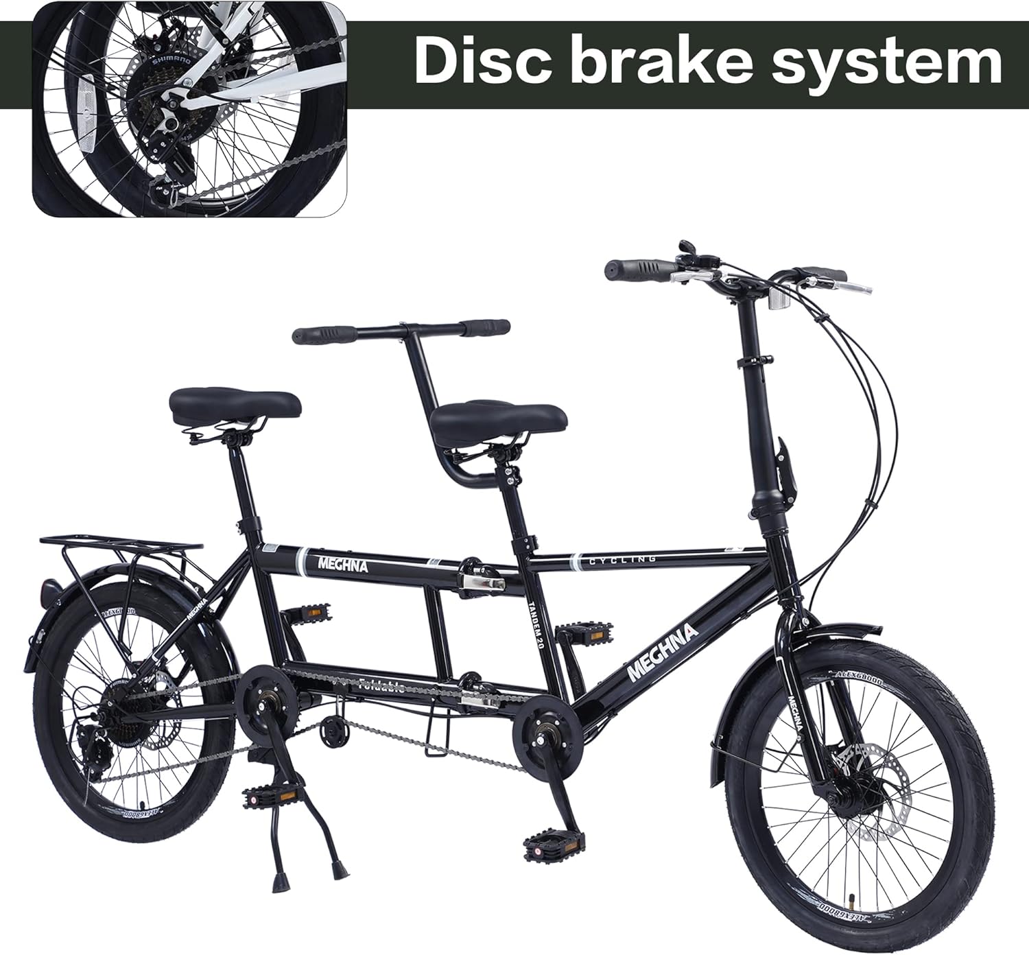 Foldable Tandem Bike, 20”City Tandem Folding Bicycle, 7-Speed Adjustable Cruiser Bike Folding Bike with 3 Seats& Disc Brake, CE FCC CCC