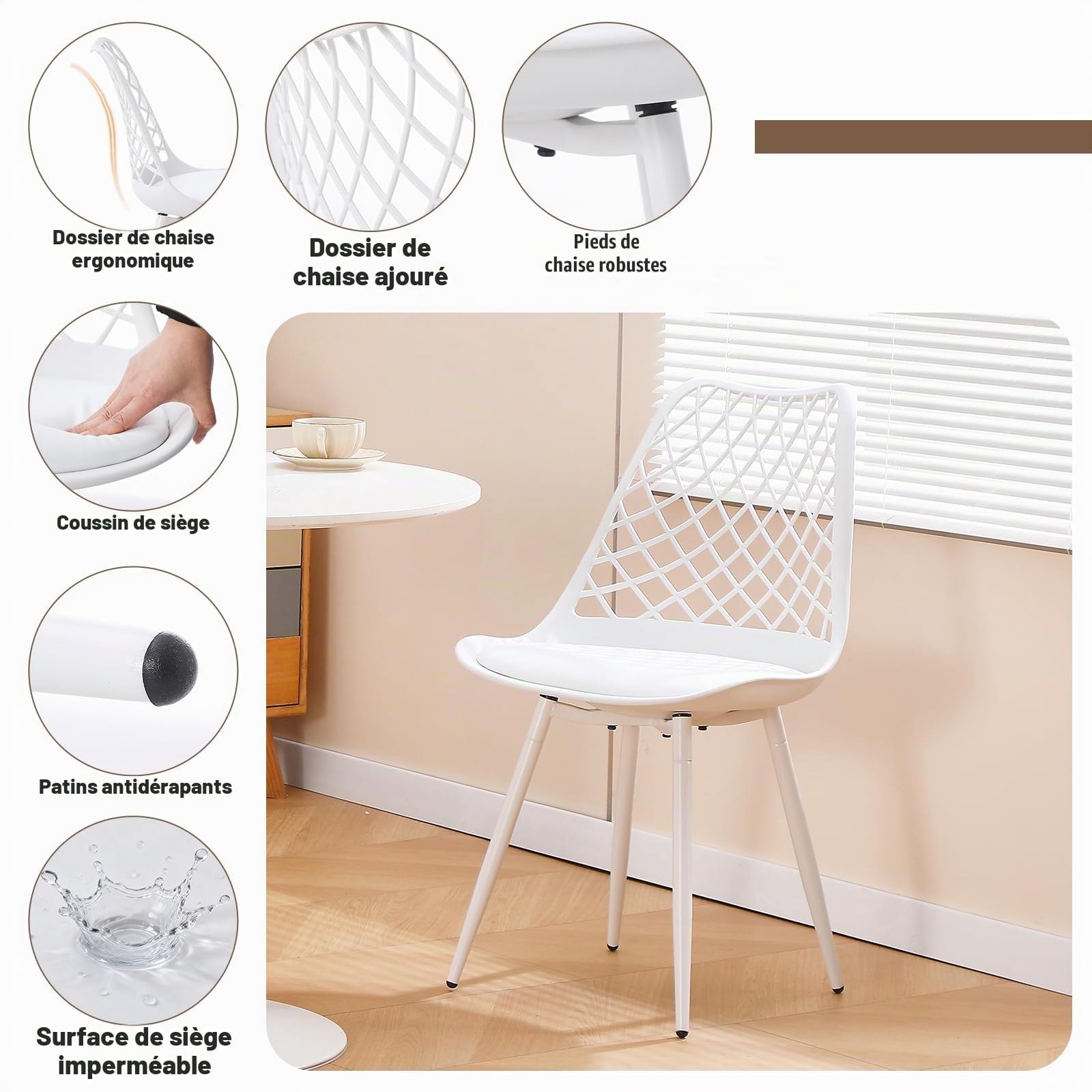 Lot de 4 chaises de Salle à Manger, chaises de Cuisine, chaises rembourrées pour Salle à Manger, Salon, Jardin et Plus Encore, Blanc