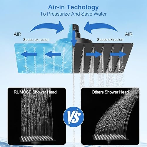 Miniatura 2 de RUMOSE Cabezal de ducha de lluvia con filtro negro mate de 10 pulgadas, cabezal de ducha de lluvia de alta presión, cuadrado de acero inoxidable,