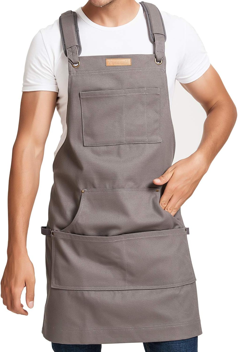 yotache Work and Workshop Tool Apron Men & Women, Heavy Duty Thick Water Resistant Canvas with Pockets & Cross-Back Straps & Hammer Loops Adjustable Up to XXL Long