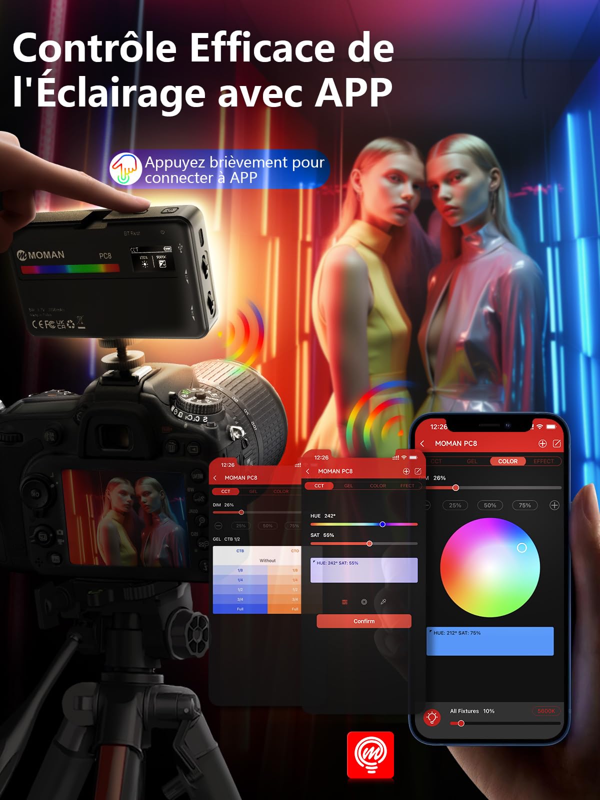 Lumiere Video, Moman PC8 RGB Panneau LED Apparreil Photo Portable 125g avec Batterie Rechargeable pour Photographie Streaming en Direct Enregistrement Youtube, Eclairage-Camera-Panneau-Lampe-Photo