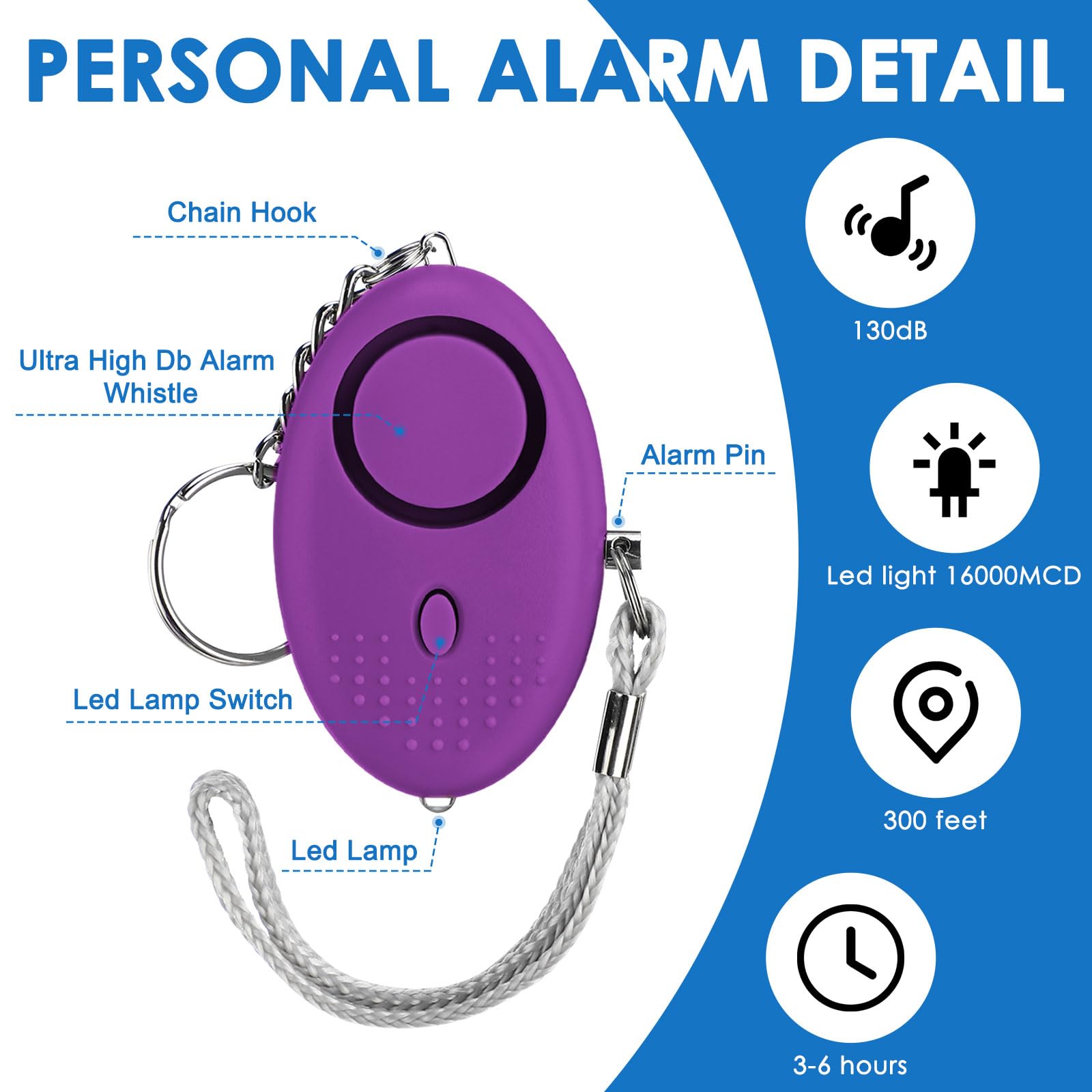 Kanayu 76 allarmi personali sfusi 130 dB suono sicuro di emergenza sicurezza autodifesa allarme di sicurezza portachiavi con protezione luce LED per donne ragazze bambini anziani, colori misti