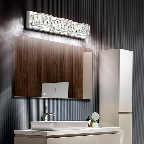 Miniatura 3 de ZUZITO Lámparas de baño cromadas  3 luces de cristal modernas para tocador de baño  Luces LED regulables de 18 W para baño pequeño