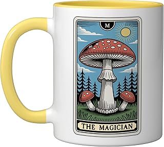 The Magician Tarot Card Amanita Muscaria Fly Agaric Mushroom Ceramic Mug, Yellow/White