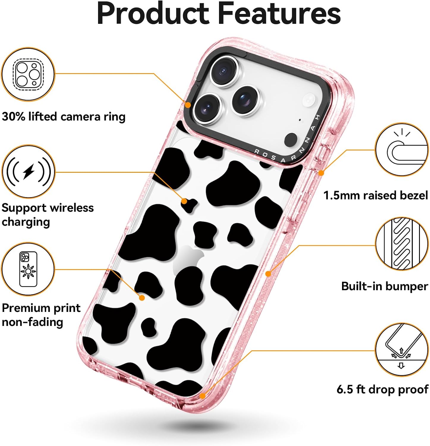 Rosarnnah for iPhone 17 Pro Max Case Cute - Military-Grade 20 ft Drop Protection Shockproof Phone Case - Funny Milk Cow Print Design (6.9") Glitter Pink