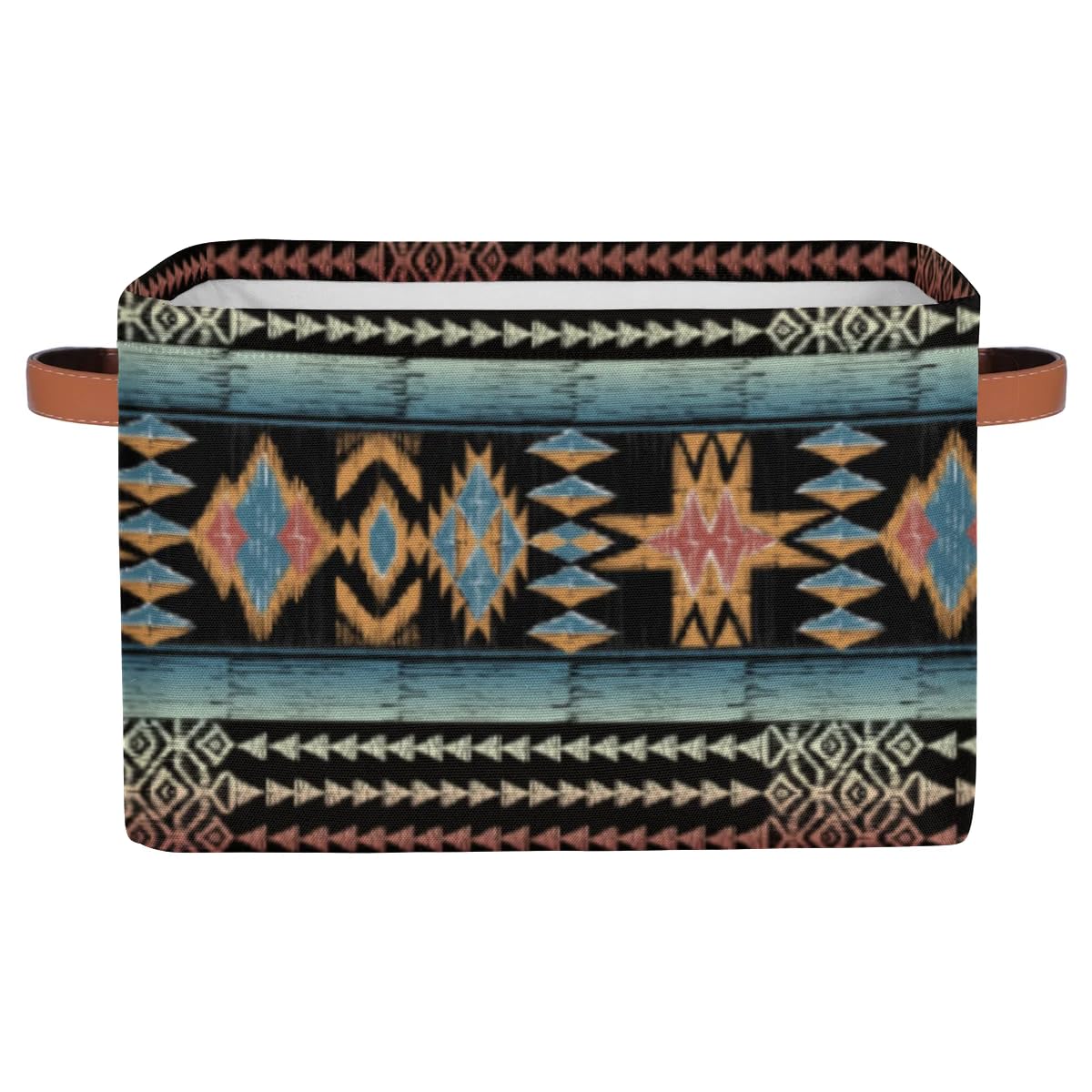 Boho Style Brown Ethnic Painted Square Storage Basket, Fabric Storage Bin with Leather Handles Aztec Pattern Collapsible Storage Bin Nursery Hamper