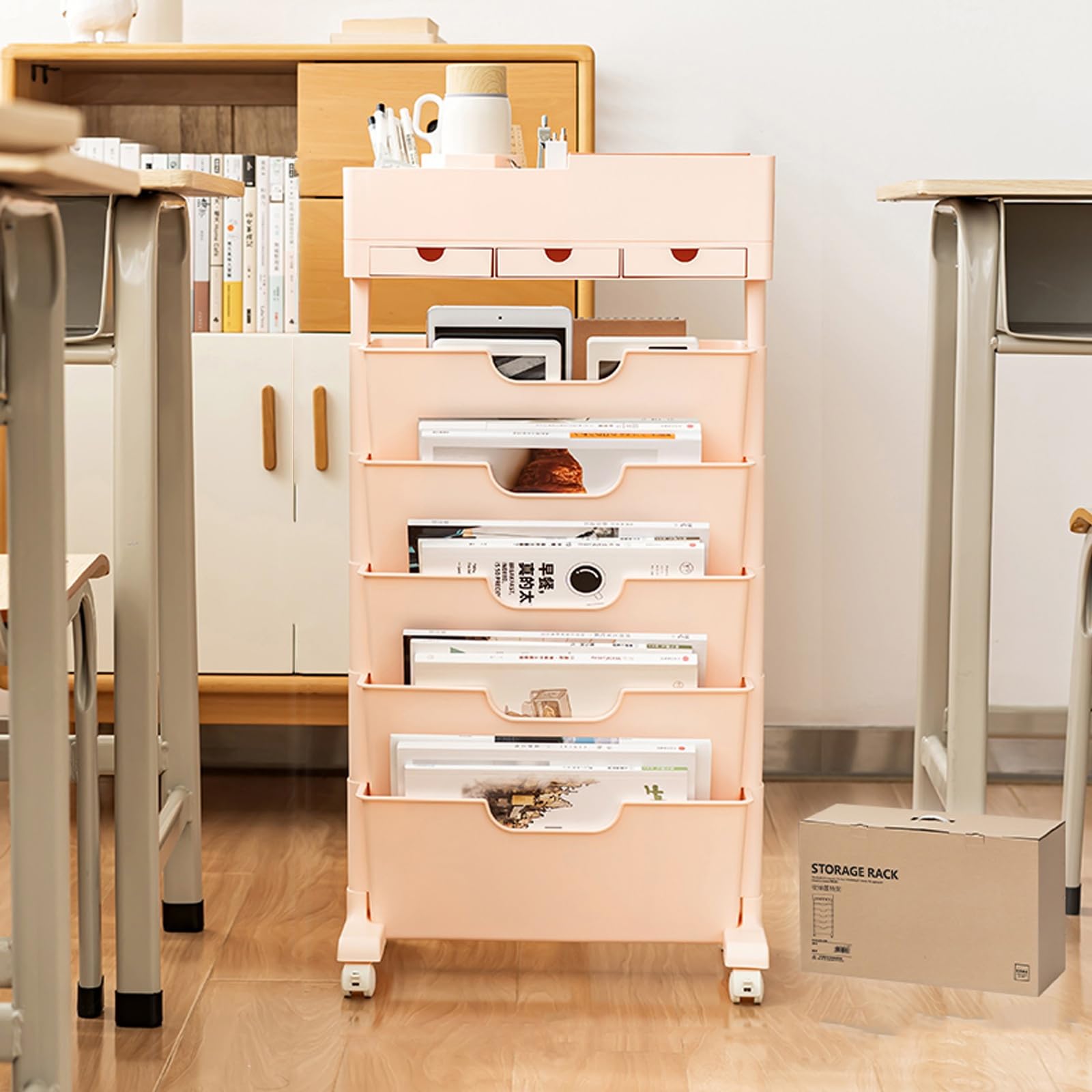 TUOYIBO Mobile Bookshelf, Bookshelf with Wheels, Mobile Bookshelf Cart, Compact Bookshelf, for Office, Dorm, Classroom, Kitchen