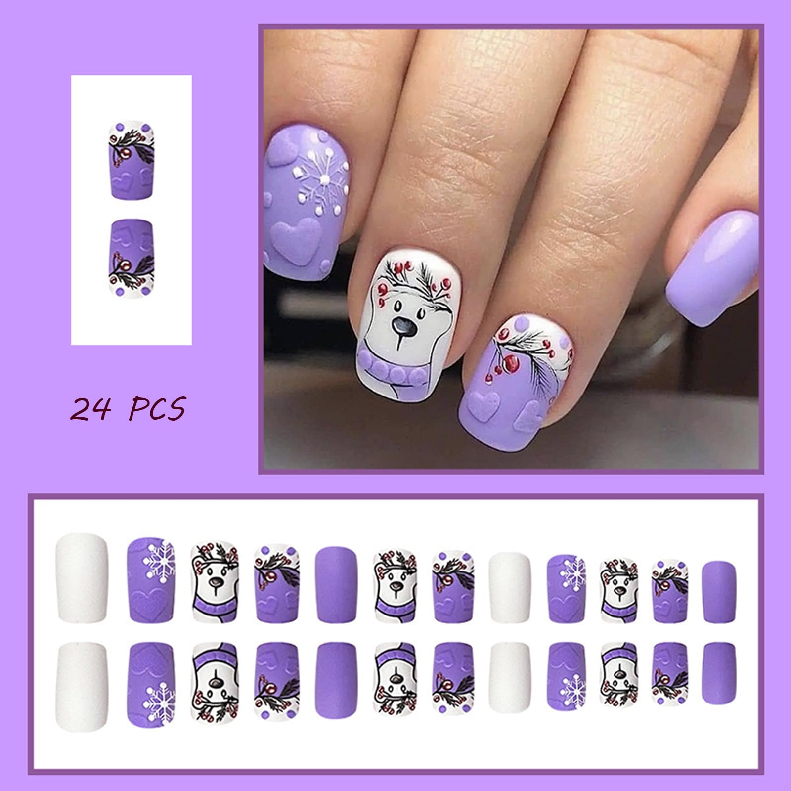 24 PCS Press on Nails Christmas Fake Nails Snowflake Fake Nails Cute Bear Fake Nails Short Fake Nails Gifts for Women and Girls (No.19)