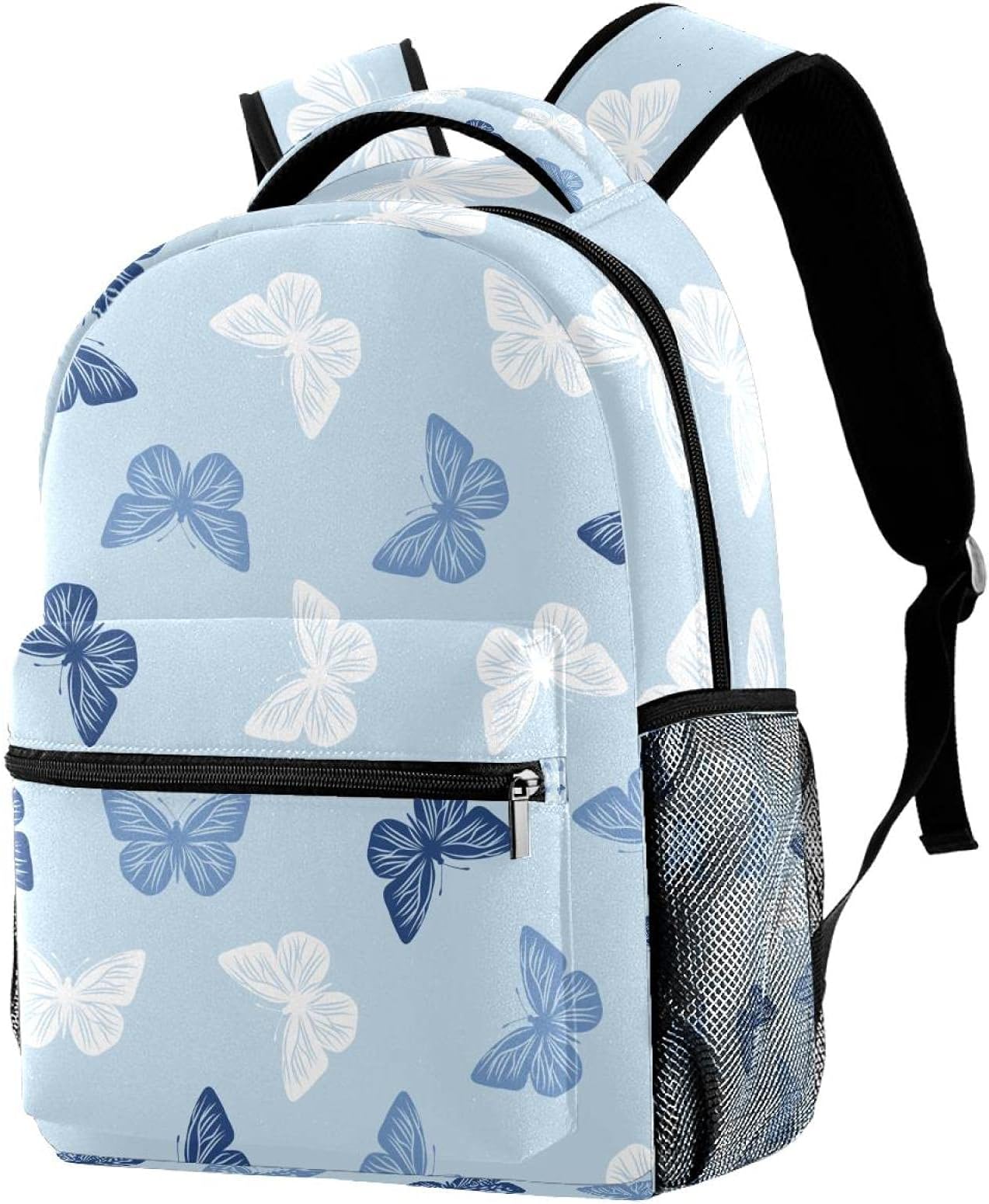 NiaocpwySchool Backpacks Blue Pattern Butterflies Elementary Students Bookbags With Water Bottle Pocket