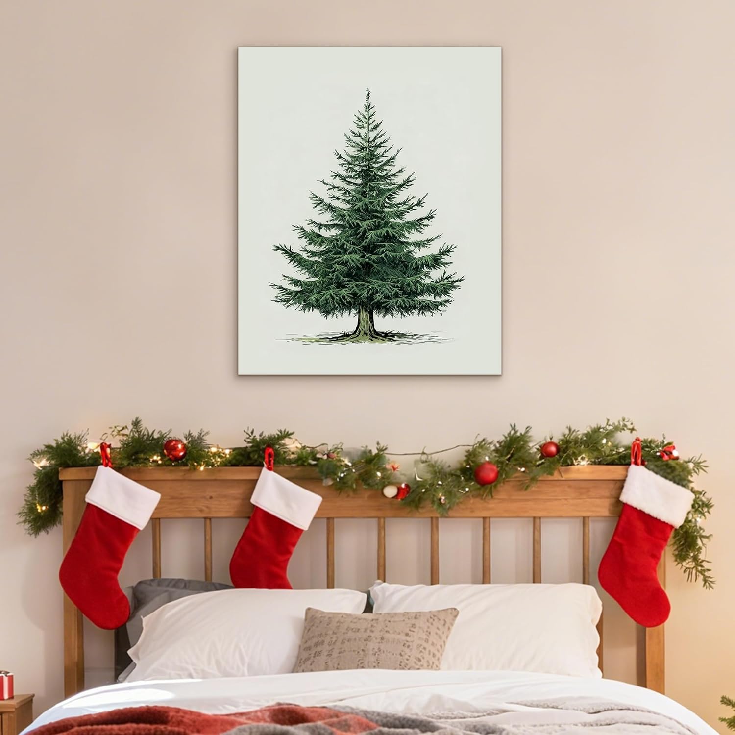 Sconbine Christmas Tree Framed Wall Art, Christmas Tree Picture Wall Decor, Pine Tree Vintage Print, Rustic Winter Wall Art (Type 1, 12" X 16")