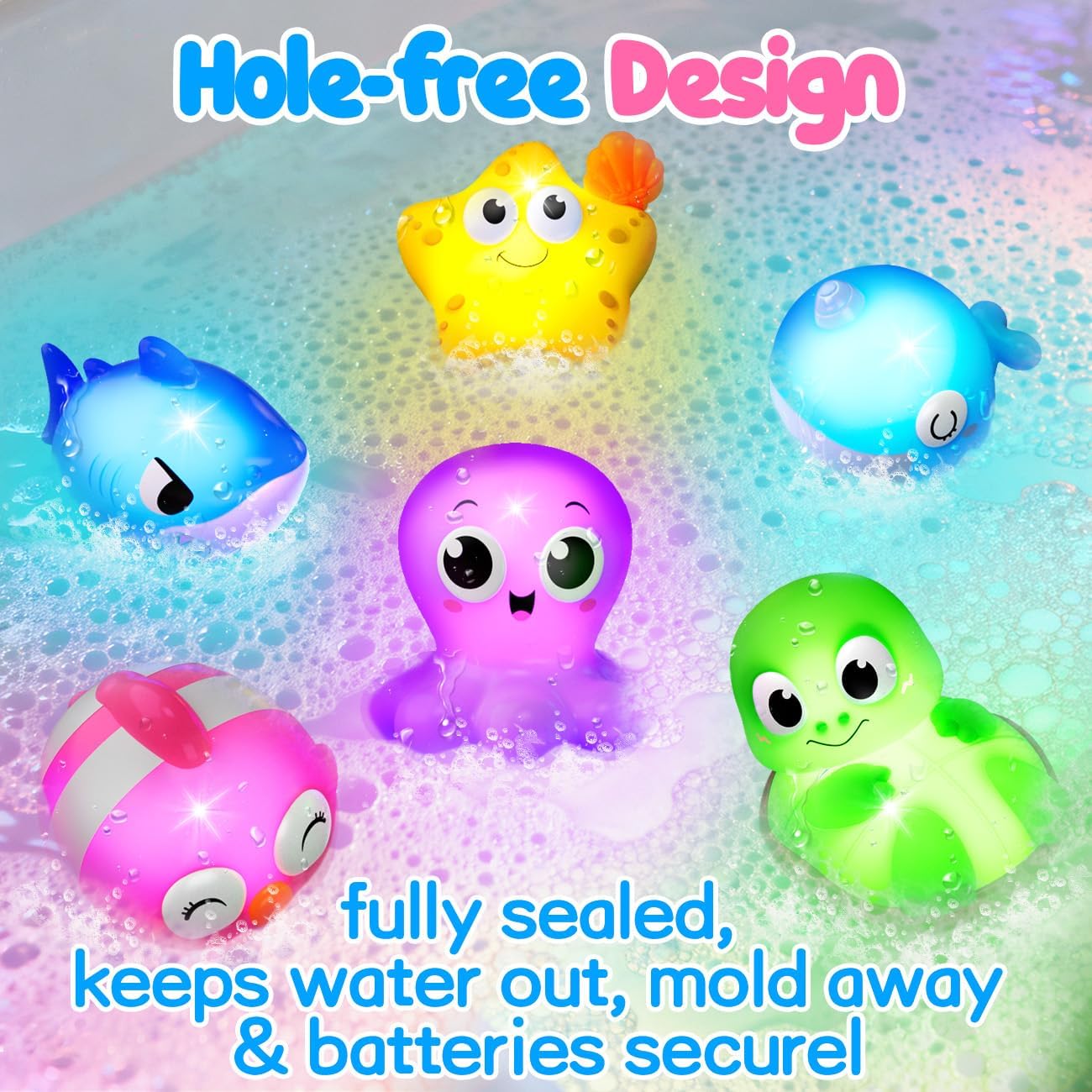Light Up Bath Toys for Toddlers, 6 Pack Water Activated Bath Toys for Kids 1-3, Baby No Hole Bathtub Toys, Floating Pool Toys for 1 2 3 Year Old Girl & Boy Gifts
