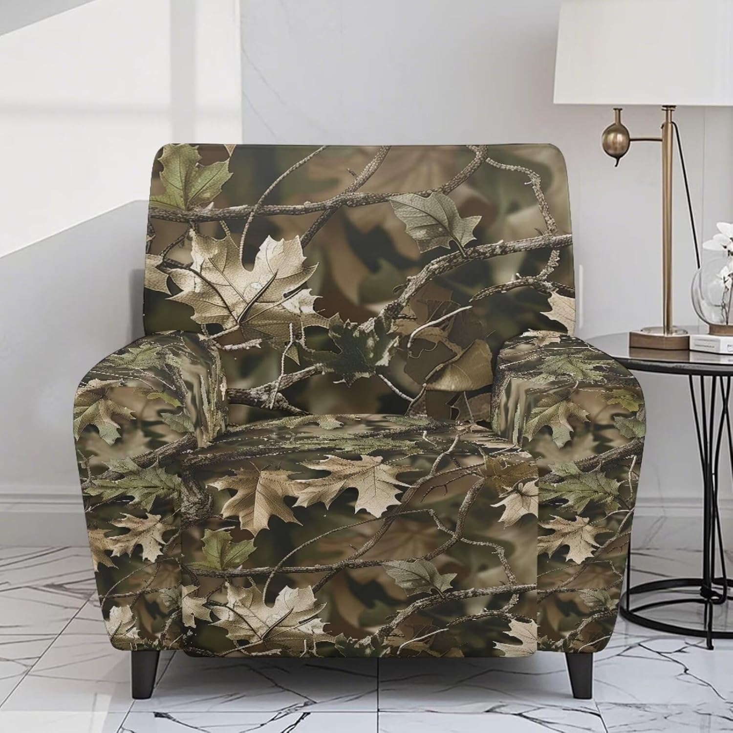 Forest Camo Hunting Print Recliner Covers 4-Pieces Reclining Cover with Pocket Stretch Recliner Chair Covers with Elastic Band Washable Furniture Protector for Pets and Kids
