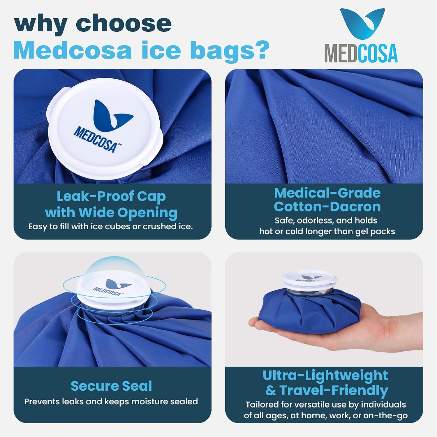 Medcosa 6" (15.2cm) Ice Bag Reusable - Refillable Ice Pack - Watertight Bag to Hold Cubes - Stay Cool & Dry - Comfortable Soft Fabric - Secure Spill Proof Closure